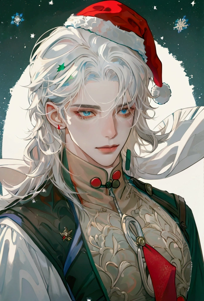 ( masterpiece,  High resolution, ultra-Detallado:1.0), (1male, male face),  Perfect male body , adult male, delicate eyes and delicate face,  extremely detailed CG ,  Tricky details ,  detailed face, ( white hair,  blue eyes , pelo despeinado, calm demeanor,  red Christmas sweater with white snowflake details, green wool scarf ,  Santa Claus hat with white plush trim ),  simple background , Color difference,  depth of field , dramatic shadow,  ray tracing ,  photo,  cinematic lighting, Arte oficial,  portrait.