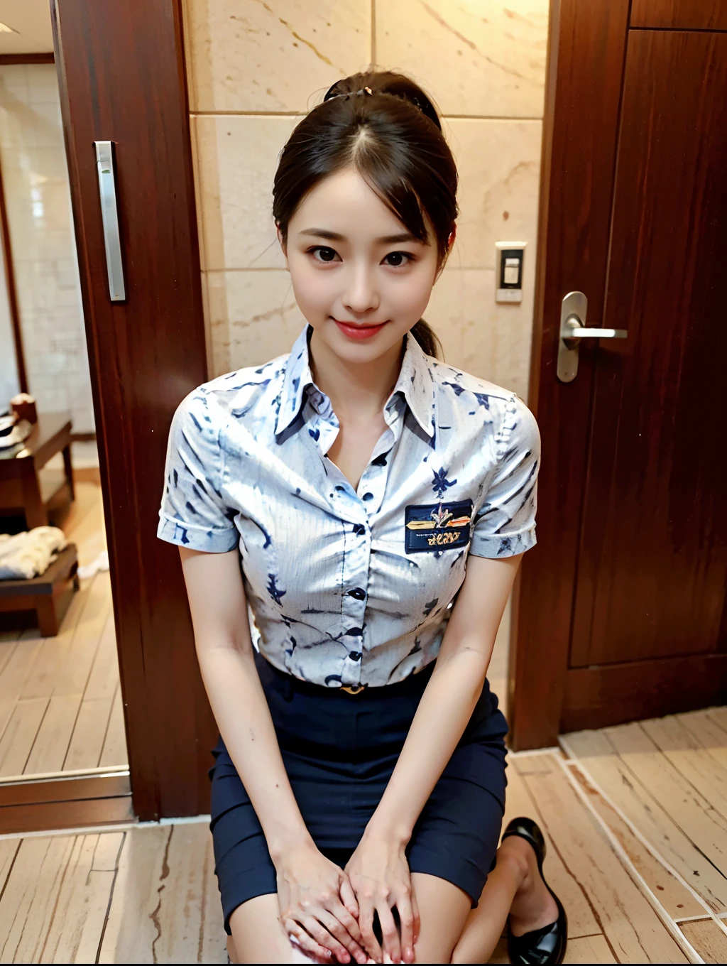 ( A gorgeous lady , 21 years old,  wearing an air stewardess ,  Shenzhen airline stewardess , Wet White Shirt ,  Wet Red Mini Skirt ,  Kneeling in the Bathroom ,  smile with a wine cage ,  Short Ponytail Hairstyle ,  short hair wave ,  Cute Crooked Teeth ,  Full rounded chest ,  Straightened flawless legs , Realistic photos,  Beautiful Delicate Eyes, Beautiful detailed faces,  Surrealism ,  High Contrast , Ultra HD, Real Skin Texture , Top影像品質, Top,  super high resolution,  Fine details ,  extremely carefully , close-up, from head to legs, masterpiece, ROMANTIC NIGHT ,  Dark Bokeh Background)