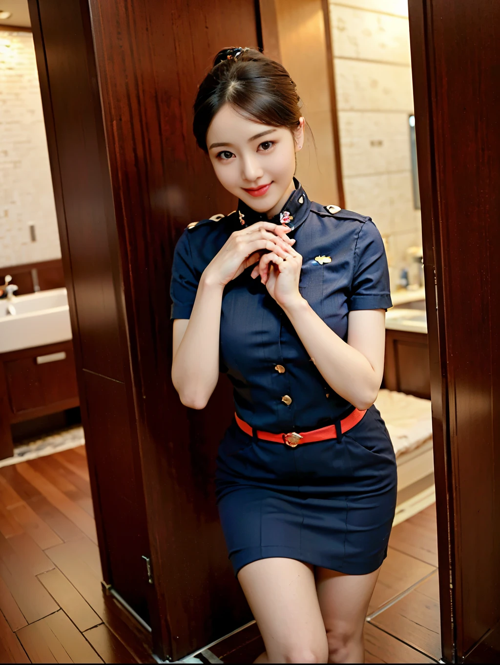 ( A gorgeous lady , 21 years old,  wearing an air stewardess ,  Shenzhen airline stewardess , Wet White Shirt ,  Wet Red Mini Skirt ,  Kneeling in the Bathroom ,  smile with a wine cage ,  Short Ponytail Hairstyle ,  short hair wave ,  Cute Crooked Teeth ,  Full rounded chest ,  Straightened flawless legs , Realistic photos,  Beautiful Delicate Eyes, Beautiful detailed faces,  Surrealism ,  High Contrast , Ultra HD, Real Skin Texture , Top影像品質, Top,  super high resolution,  Fine details ,  extremely carefully , close-up, from head to legs, masterpiece, ROMANTIC NIGHT ,  Dark Bokeh Background)