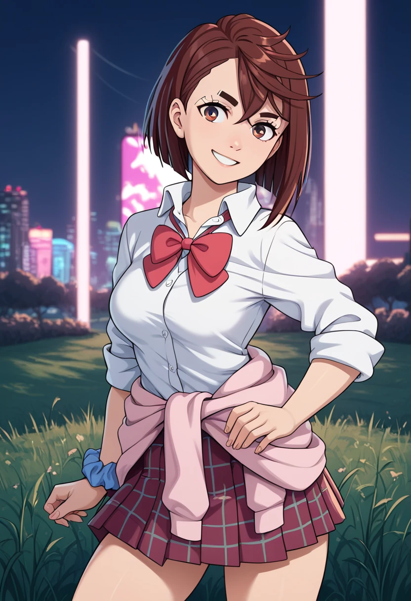 1boy,1girl, standing, Hold hands,looking back, twisted torso,
view from front,
smile, open mouth,
(night:1.2), cityscape, skyscraper, street, starry sky, neon sign,
masterpiece,best quality,amazing quality,very aesthetic,absurdres,newest, 
BREAK
1girl,momo ayase, short hair, brown hair, brown eyes, bangs, thick eyebrows, large breasts,School uniform