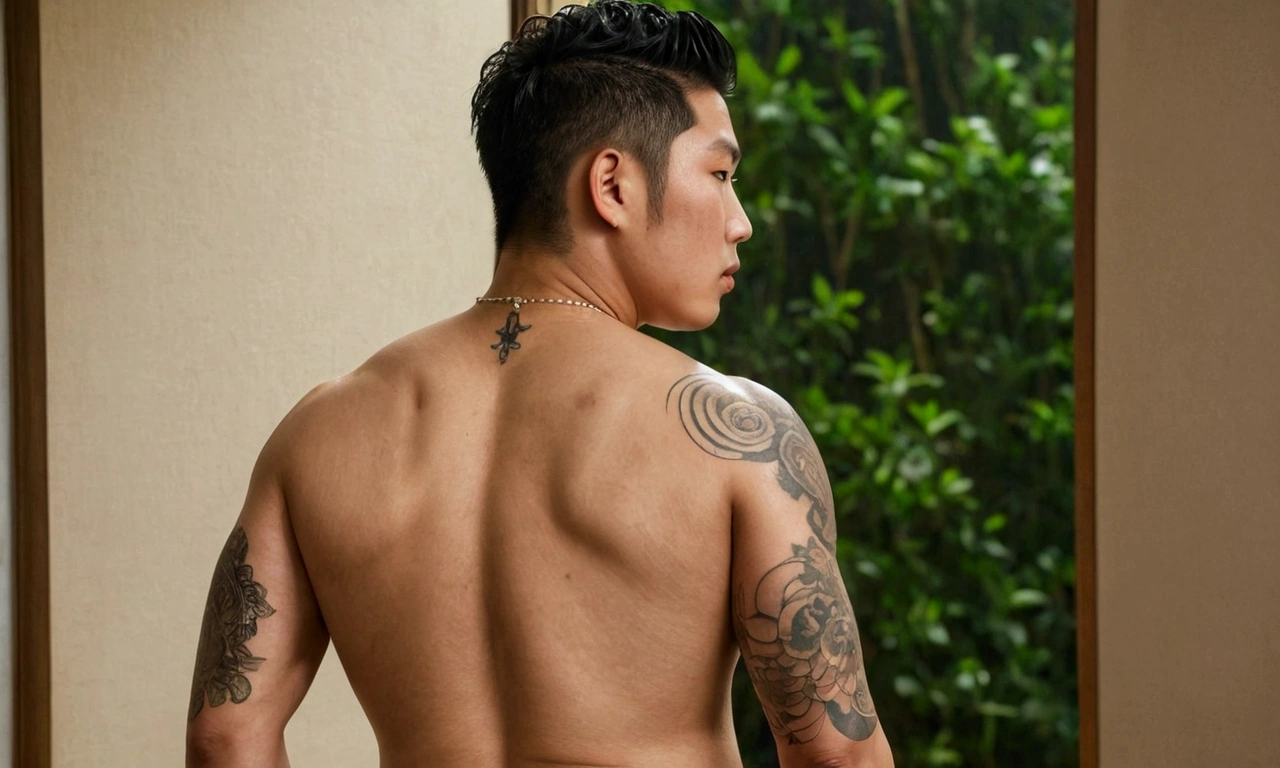  multiple young Asian men  , Age 25 ,  fat ,   fit, Completely naked,  big penis, Having an erection、(((back view)))、((Side view))、((whole body))、barefoot、(( standing))、頭からLower Bodyまで、Lower Body、 from below、Soaked in sweat、 big tattoos like yakuza:1.9。