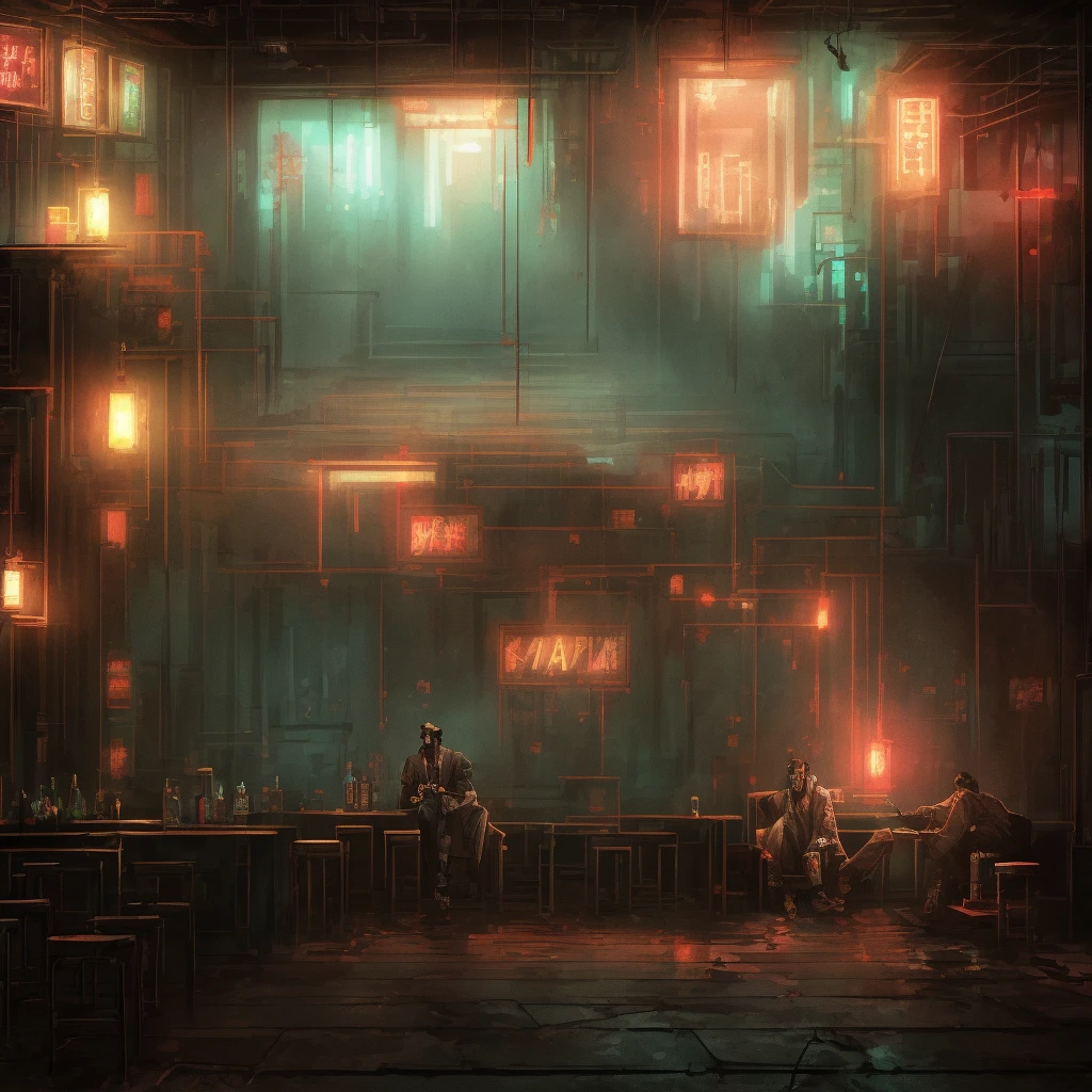 there is a man sitting at a bar in a room, relaxing concept art, disco elysium concept art, post grunge concept art, by Ismail Inceoglu, photorealistic dark concept art, eerie nostalgic concept art, inspired by Ismail Inceoglu, inside a bar, professional concept art, concept art scene, sitting alone at a bar, concept art for movie