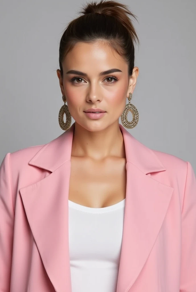 astrid, Stylish Woman in a Pink Blazer and White thank Top, Accessorized with Large Earrings