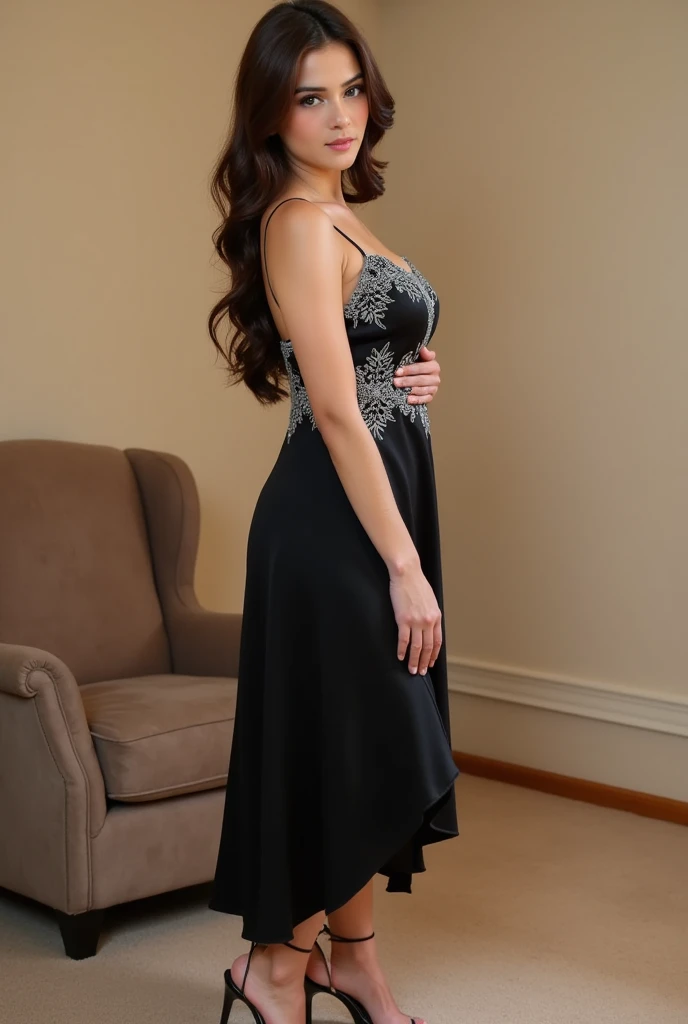 A young woman stands confidently against the warm beige walls and plush carpet of a cozy living room. Dressed in a flowing black silk camisole dress adorn with silver lace that accentuates her curves, she exudes elegance. Her long, dark brown hair cascades down her back, subtly framing her face as she stands tall, one hand resting on the back of a nearby armchair.