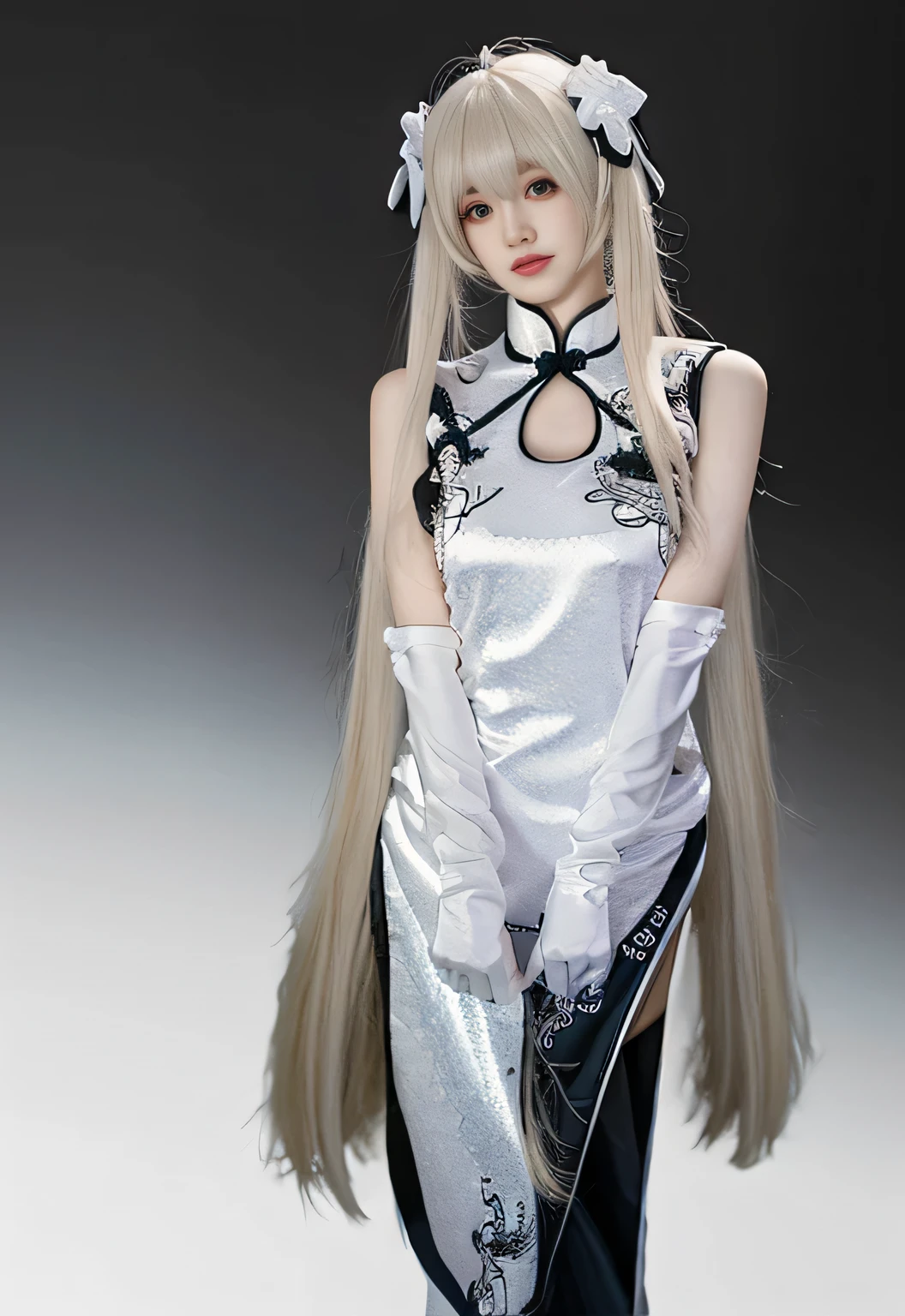 best quality, quality, masterpiece, (photorealistic:1.4), 1girl, kasugano sora, long white hair, twintails, hair ribbon, hair ornament, china dress, elbow gloves, thighhighs, standing, looking at viewer, simple background, dramatic lighting, ,illustration, an extremely delicate and beautiful, extremely detailed ,Amazing, finely detail, masterpiece,best quality,official art,extremely detailed CG unity 8k wallpaper,absurdres, incredibly absurdres, huge filesize, ultra-detailed, highres, extremely detailed,beautiful detailed girl, extremely detailed eyes and face, beautiful detailed eyes,light on face,cinematic lighting,1girl,full body,full-body shot,
