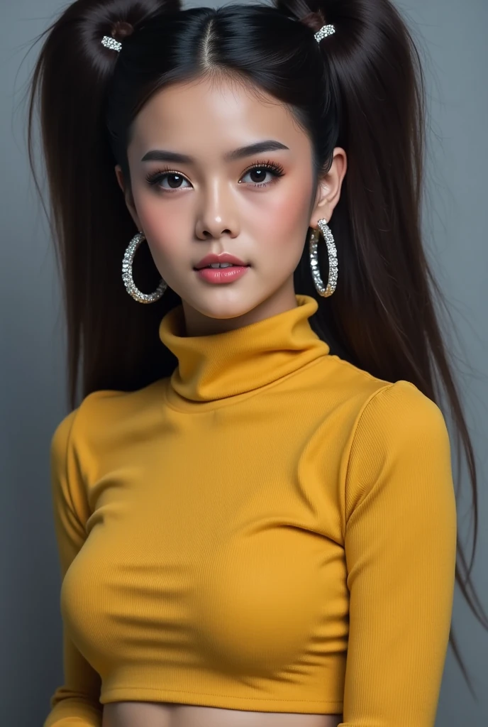 A young woman with a striking twin tail ponytail and two buns framing her face, gazing directly at the viewer. Her long hair cascades down her back like a waterfall of night, adorned with jewelry that catches the light. She wears a modern yellow turtle-neck sweater, paired with short trousers that accentuate her navel. Eye-catching hoop earrings glint on her earlobes, and her black eyes sparkle like polished gemstones. Her lips are painted a perfect shade of pink, and her realistic features seem to leap off the canvas.