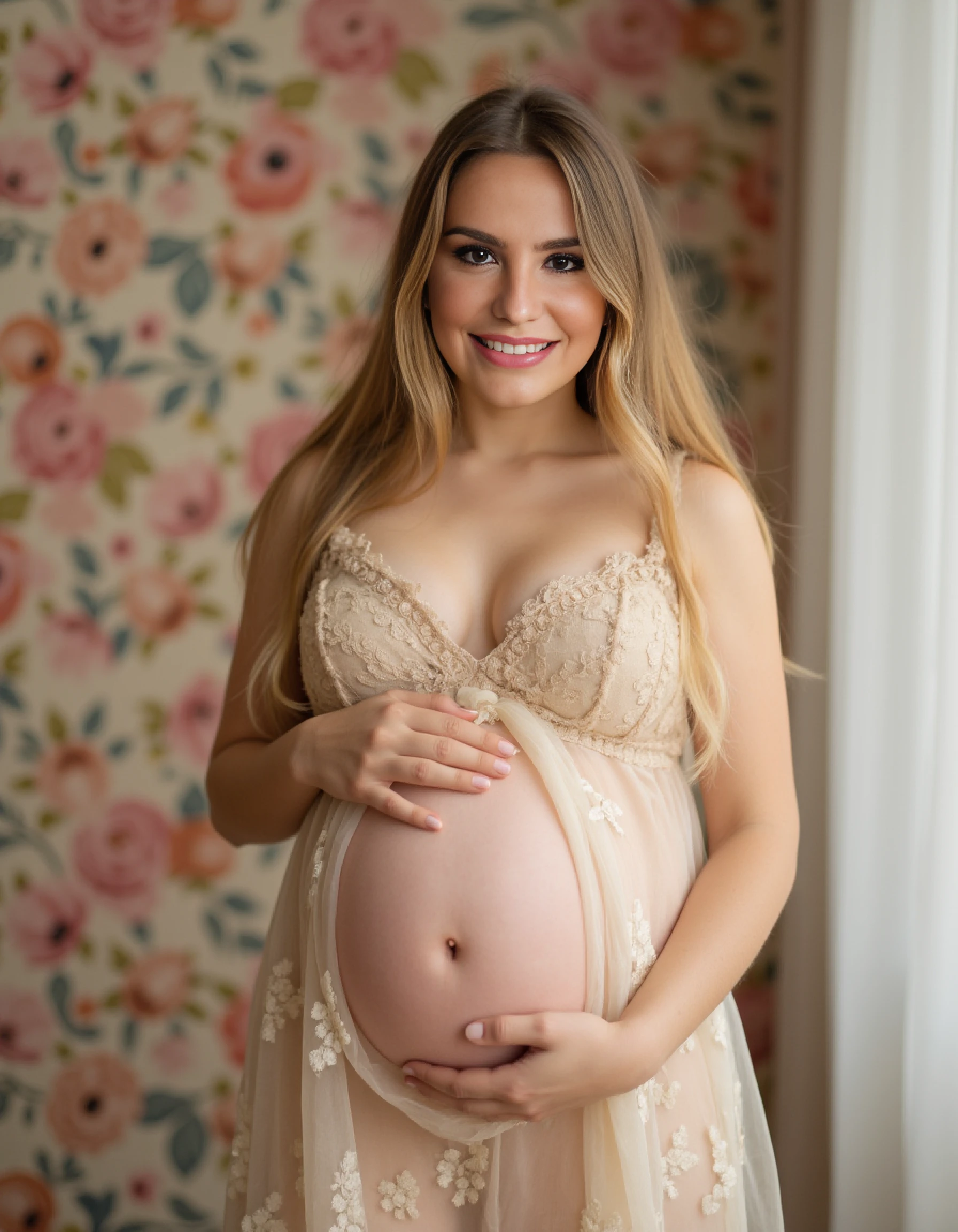 Pregnant woman in pink dress standing in front of a 's room, pregnant belly, gravidez, pregnant, sentimento de maternidade, fotografia materna 4K, saco gestacional de membrana, terceiro trimestre, belly visible, femme fetal, fertilidade, foto de uma bela, maternal, illustration!, menina atraente, mulher posando, barriga, Retrato do meio do corpo, her belly is fat and round, imagem retrato