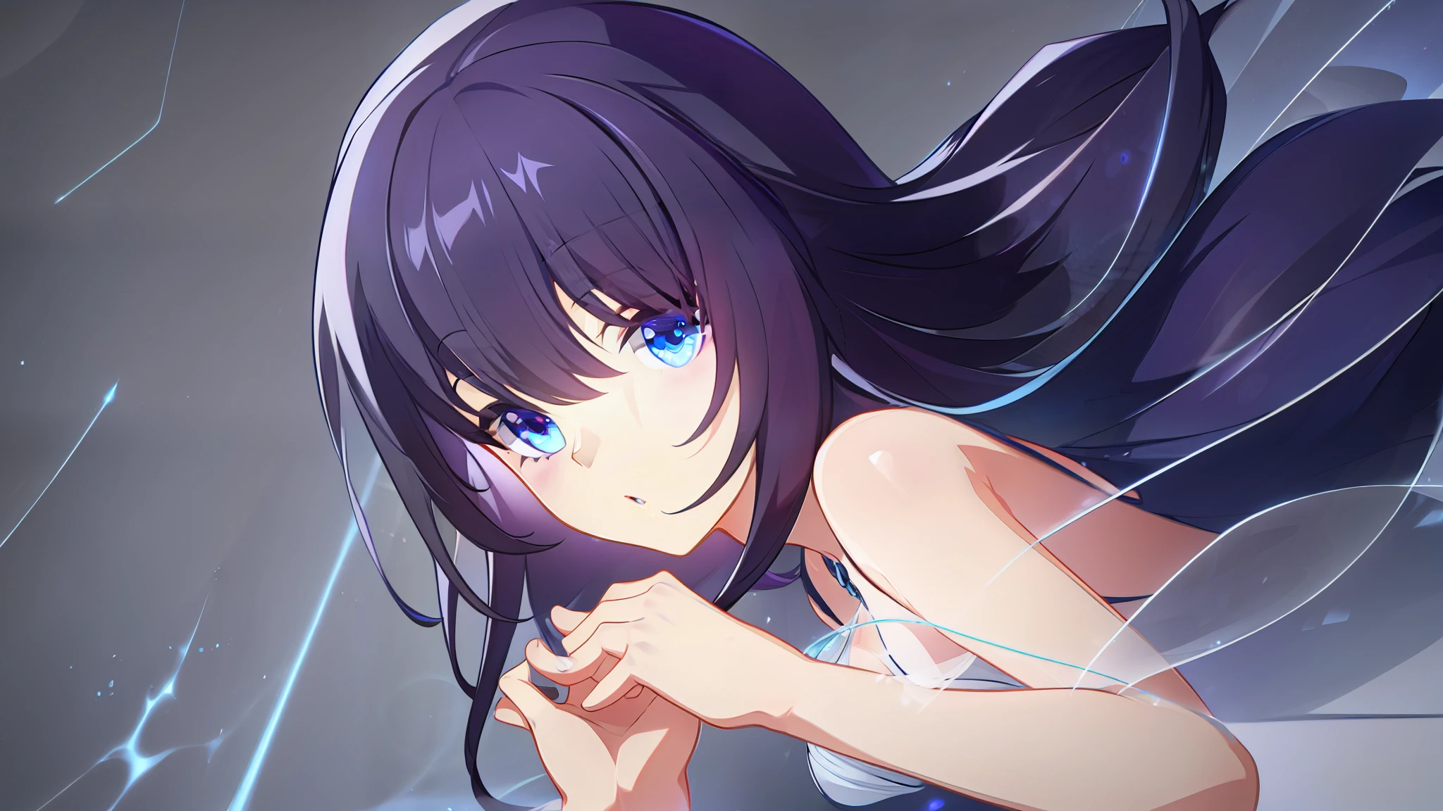 nagase_mana, solo, black blue hair, long hair, wedding dress, cerulean blue eyes, ominous aura, darkness energy, floating, visual novel cg style, BREAK looking at viewer, BREAK (masterpiece:1.2), best quality, high resolution, unity' 8k wallpaper, (illustration:0.8), (beautiful detailed eyes:1.6), extremely detailed face, perfect lighting, extremely detailed CG, (perfect hands, perfect anatomy)