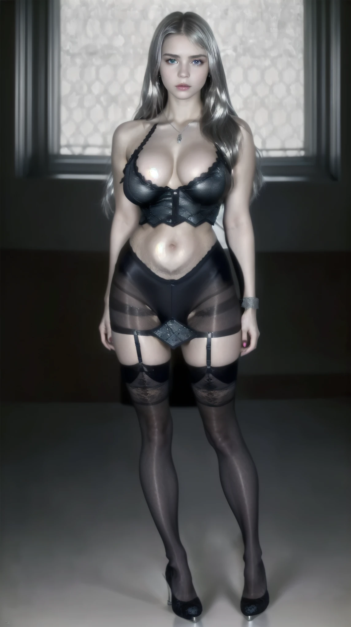 corpo inteiro da deusa escandinava loira com tônus muscular corpo inteiro, Rosto de Elsa Hosk, seios enormes, vestido de seda branco com decote profundo, pés descalços, colar de âmbar, olhos azul claro,  Cabelo ondulado loiro dourado , lábios vermelhos, olhar sedutor, iluminação volumétrica, realista, fundo de prado, Coxas grossas, corpo musculoso, joias, realista, CRU, analógico, mulher, photorealista, analógico, realismo, Standing seductive pose，one piece body lingerie, legs, a lot of dark jewelry：1 emma watson）， true masterpiece， best quality， RAW photography， realisticlying， cute face，(long flowing blond hair), Incredibly Ridiculous res， Beautiful beauty， ear studs， (Long silver hair，jewelry, (Black lace-trimmed stockings)，(highheels)，depth of fields， A high resolution， ultra - detailed， filigree， RAWE is very detailed， very detailed eyes and faces， Sharp pupils， realistic pupil， tack sharp focus， cinematic lighting，full bodyesbian，Bigboobs，long legs，Look from the front，inside a dark gothic stone castle，dynamicposes, PERSEPHONE, PERSEPHONE, persefone, (SFW:1.5),  (full body:1.8), (upper body up:0.3), (hyper realistic:1.4), (realistic:1.3), (best quality real texture skin), Detailed eyes, detailed face,[long hair hair]:1.8), (full body:1.8), (upper body up:0.3), (hyper realistic:1.4), (realistic:1.3), (best quality real texture skin), Detailed eyes, detailed face, PERSEPHONE, persephone, (SFW:1.5) Hyperrealistic