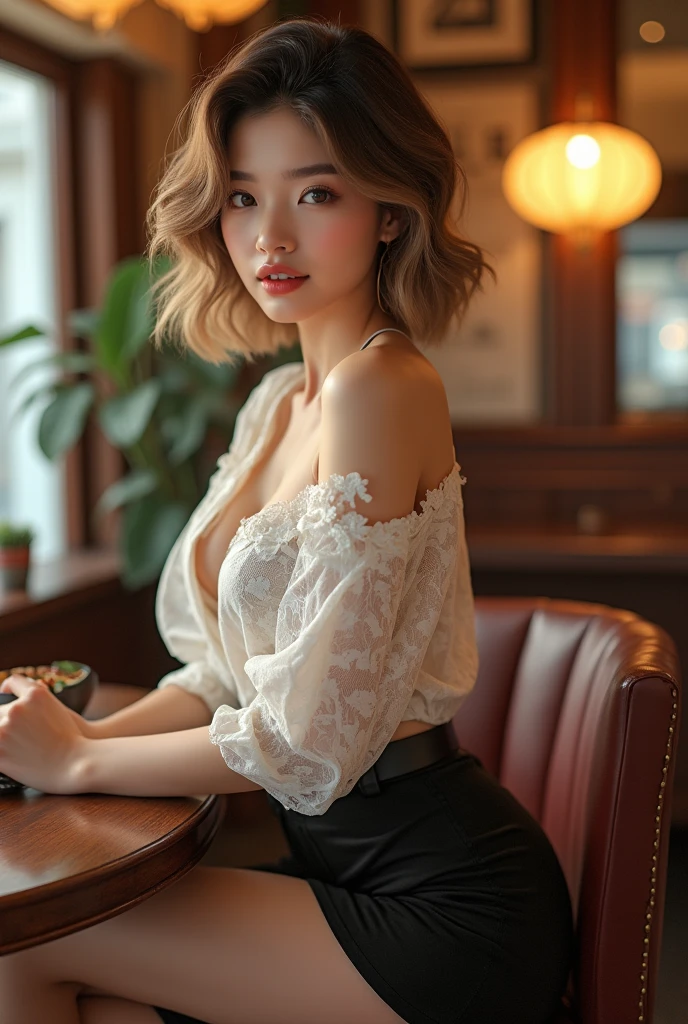 a woman standing next to a wooden table in a room with chairs and tables in it, wearing a white blouse and jeans, looking at camera, natural skin texture, 4k textures, soft cinematic light, intricate details, elegant, highly detailed, sharp focus, soothing tones, exposure blend, hdr, faded, hyperdetailed, backlighting, 85mm, close-up, best quality, (photorealistic:1.2), analog style, (cinematic look), blonde, green eyes, bob hair, 1girl, glowing skin, blush, upturned eyes, cleavage