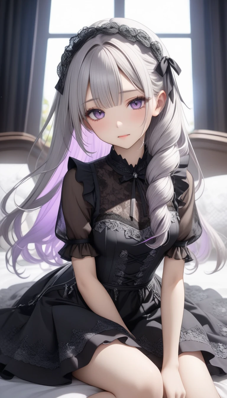 One cute girl ,Young Face、 slim figure、Thin legs、8Head to Body、((Beautiful light black silver hair color 、 light purple inner color hairstyle 、I have long hair and it's fluffy))、((There is a sense of immorality in the sight of her wearing a stylish dress skirt that is gothic and has a lot of exposure))、 Lens Flare,Natural colors, high definition , Very delicate, very detailed, 8k,Shyness、 smaller 、Bed at home、(())、 I'm putting up a skirt to show off neat with an embarrassing expression that makes her cheeks turn slightly red、lift up the skirt yourself