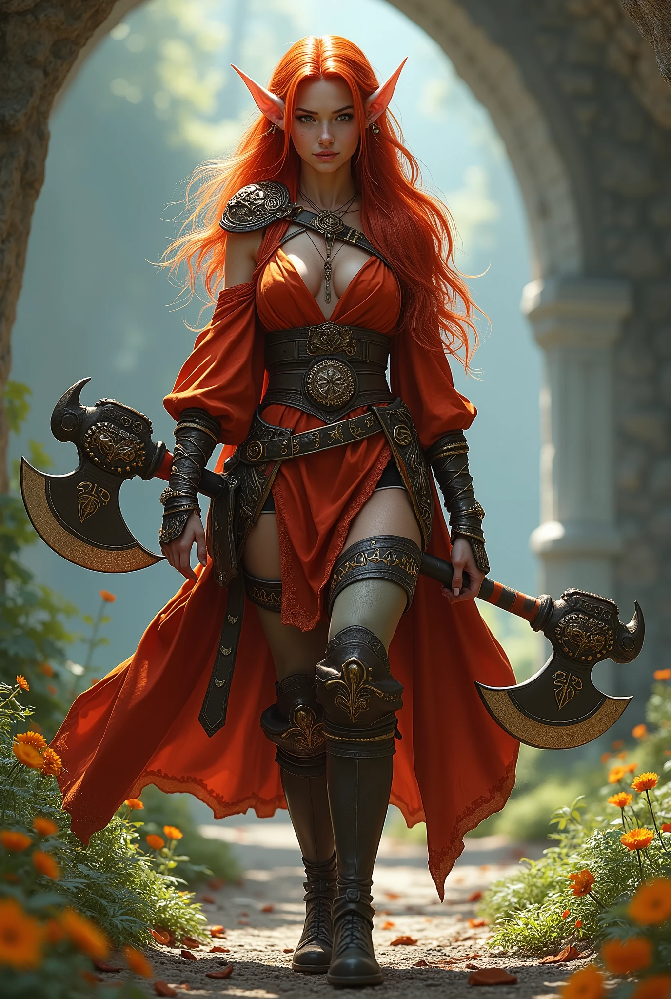 A highly detailed anime-style portrait of a stunningly beautiful woman with vibrant red hair, running through the streets of Orgrimmar from World of Warcraft. Her hair flows dramatically behind her as she moves, capturing the intensity and energy of the scene. She is dressed in form-fitting, fantasy-inspired attire that accentuates her figure, exuding both beauty and confidence. The environment of Orgrimmar is vividly portrayed, with the rugged, tribal architecture and the bustling atmosphere of the city in full detail
