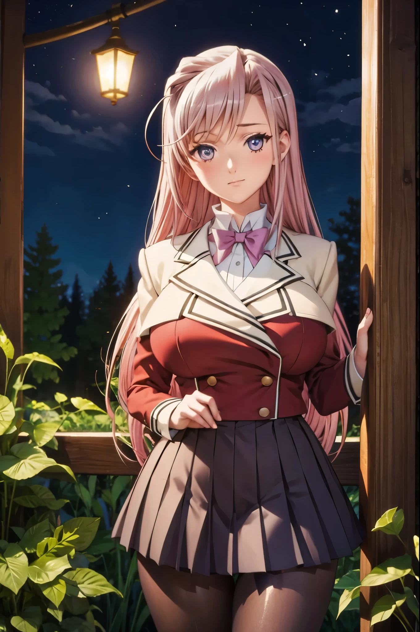 (jambes grasses), ((forest by night)), (large breast), ((perfect hands)), ((glossy pantyhose)), (finely detailed eyes and detailed face:1.3), (extremely fine and beautiful:1.1), (Perfect details:1.1), Charlotte Hazelrink, Princess Lover, ((glossy pantyhose)), (view from below), sexy legs, (view from behind), (1girl),(1 young boy), pink hair, long hair, blue eyes, purple eyes, school uniform, embarrassed, (perfect eyes:1.1)