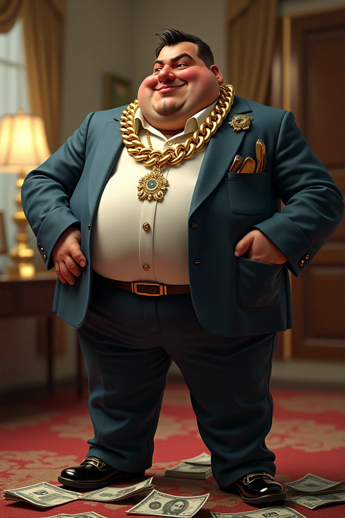 A fat one with a gold chain written Big Nose and several credit card falling off is money