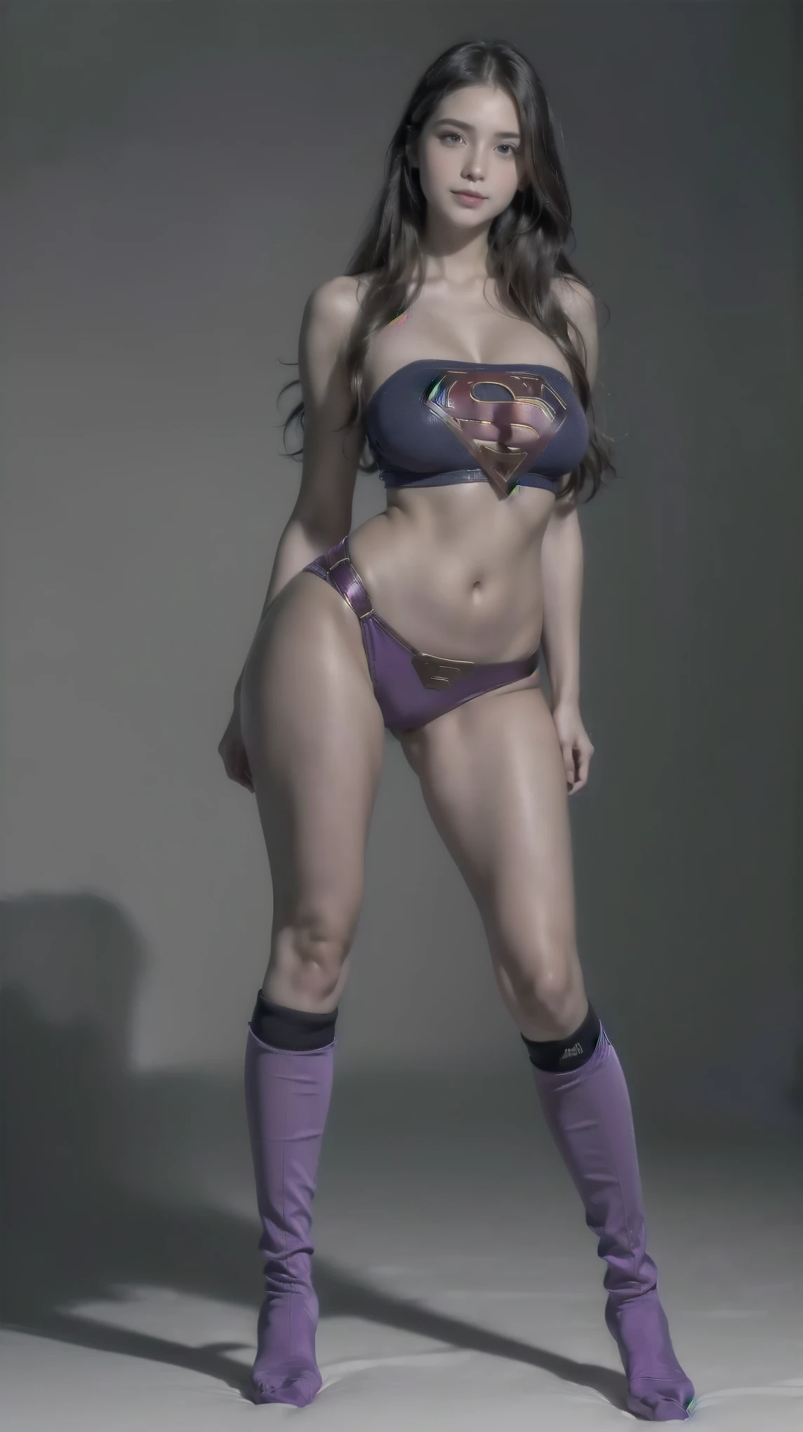 suffering、 the mouth is always sloppily open 、 The drool is always dripping from my mouth 、Beautiful 、((( Wear black socks on your beautiful legs .)))、(((beautiful legs)))、(((smile facial expression )))、(((( Make the most of the original image )))、(((fantasia de Supergirl)))、(((a short cut、beautiful hair)))、(((suffering)))、((( The feet must necessarily be worn with black socks)))、((( You need to wear red boots )))、(( Superior Image Quality、8k))、(( high quality 、8k、 masterpiece :1.3))、((( Keep your bottom simple )))、sharp focus:1.2、Beautiful woman with a perfect body:1.4、slim abdomen:1.2、a wet body:1.5、 Highly detailed facial and skin texture 、8k、beautiful legs, 
([long hair hair]:1.8), (full body:1.8), (upper body up:0.3), (hyper realistic:1.4), (realistic:1.3), (best quality real texture skin), Detailed eyes, detailed face, PERSEPHONE, persephone, (SFW:1.5) Hyperrealistic, LESS saggy , (SMALL :1.5), (HUGE LEGS:1.5), (LESS THIGHS:1.5),  perfect legs,  perfect legs, pernas added, pernas added e perfeitas,  shapely legs, toned thighs, pernas added, Smooth thighs. (  pose :1.5), (thick eyebrows:1.2), (big purple eyes:1.2), ( Ultra-detailed eyes :1.4), ( High-resolution eyes :1.1), ( ultra detailed skin texture:1.4), (Beautiful toned body:1.1),  
