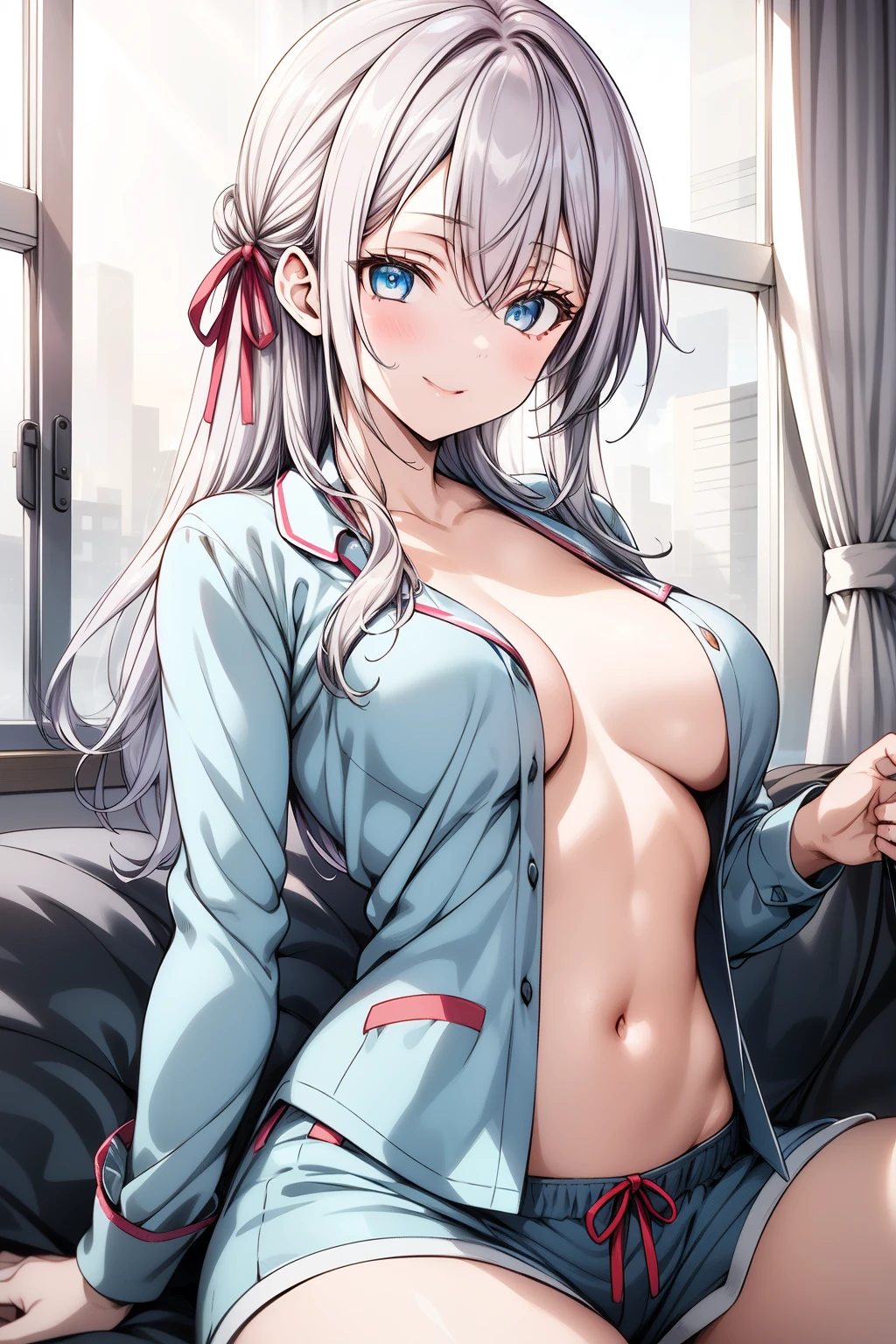 "An anime-style girl sitting on a white bed, wearing a light blue pajama set. The outfit consists of an unbuttoned pajama top revealing her midriff and a pair of matching shorts. She has long, silver hair tied with a small red ribbon on the side, bright blue eyes, and a playful expression as she winks. Her pose is casual yet alluring, with one hand resting on her lap and the other reaching back to stretch. She has a curvy figure, with large breasts and thick thighs, emphasizing softness and realism. The background features large windows with natural sunlight pouring in, showcasing a cityscape in the distance. Highly detailed, vibrant colors, realistic lighting, and soft shadi