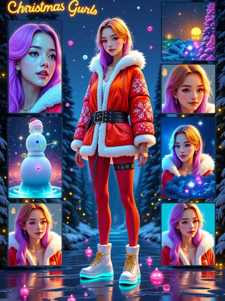 A photorealistic character sheet in a 9x9 grid layout featuring a single consistent character,  Cyberpunk style fatal girl wearing a Christmas costume ,  Each pocket shows a different aspect of her design ,  include a close-up of her eye-catching features ,  such as neon orange or purple hair and sharp eyes with festive cyber implants ,  These implants glow in the dark , Showcasing changes in her costume ,  snowflake patterns that emphasize a smooth Santa costume ,  High-tech accessories such as a magic wand with glowing runes , And avant-garde shoes with bell buckles ,  Add elements such as reindeer and snowflakes and circuits that glow on her skin,  These circuits look like Christmas symbols ,  background should be A dark futuristic cityscape on a Christmas night ,  with neon lights in the shape of a Christmas tree and snowman ,  accentuating the character's bold and mysterious personality 