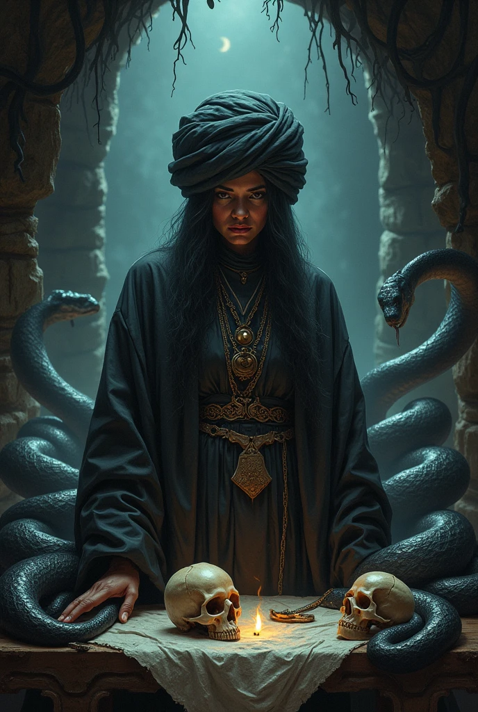 a beautiful Egyptian woman with sharp eyes, cosmic horror background, tentacles, dark mood, dark ambient, night, horror, blood, terrific, fear, panic, despair