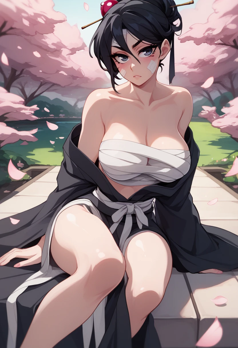 NSFW, A japenese princess sitting out in a pink garden, cherry blossom trees beautifal woman pale skin, clean straight black hair, black yukata, loose yukata, chest cindings, bandages around chest, breasts straining bandages, void expression, serious, female samurai