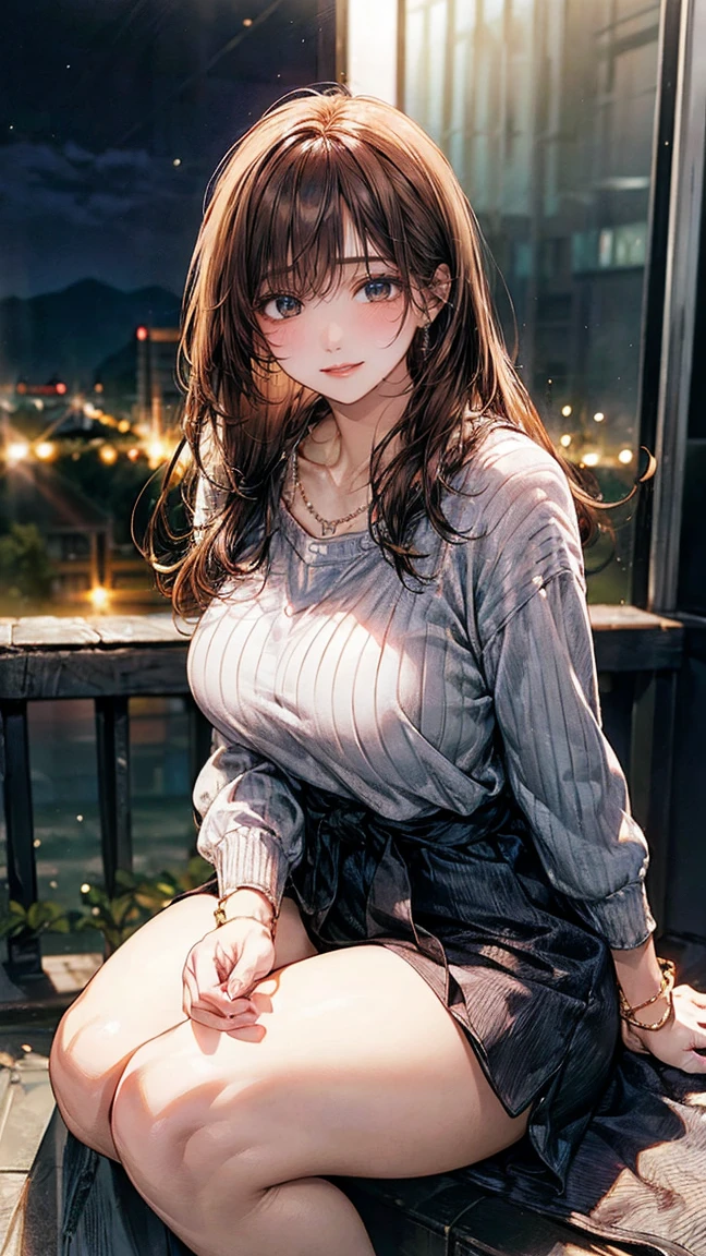 (masterpiece:1.2, top-quality), (realistic, photorealistic:1.4), beautiful illustration, (natural side lighting, movie lighting), photorealisim, 
beautiful detailed hair, beautiful detailed face, beautiful detailed eyes, beautiful clavicle, beautiful body, beautiful chest, beautiful thigh, beautiful legs, beautiful hands, shiny hair, 
looking at viewer, full body, 1 girl, japanese, teacher, 20 years old, neat and tidy woman, perfect face, cute and symmetrical face, glowing white shiny skin, highlights of cheek luster, 
(long hair, medium wave hair, brown hair), hair between eyes, blue eyes, double eyelids, eye liner, long eye lasher, (medium breasts), puffy nipple, silky hainer hair, bangs flowing diagonally, 
((detailed cloth texture, turtleneck knitwear, denim mini skirtyellow lace panties, disheveled clothes, dressing)), shiny little necklace and earrings, shiny lips: 1.4, 
(beautiful scenery), ((open knees, open one's legs)), (sit on stairs), (kamimei, red blush, tears are embarrassing, shy laughter), 