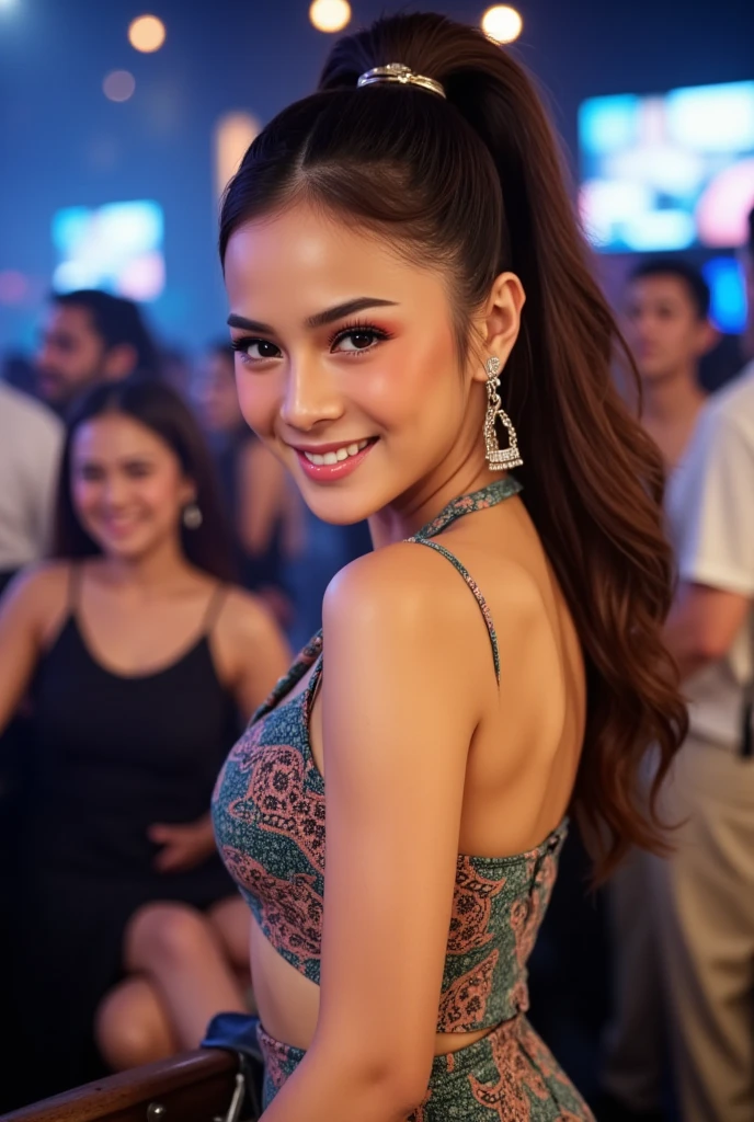 A young woman, teenage petite body, wearing cute dress and accessorized, dynamic pose, dynamic lighting, night club