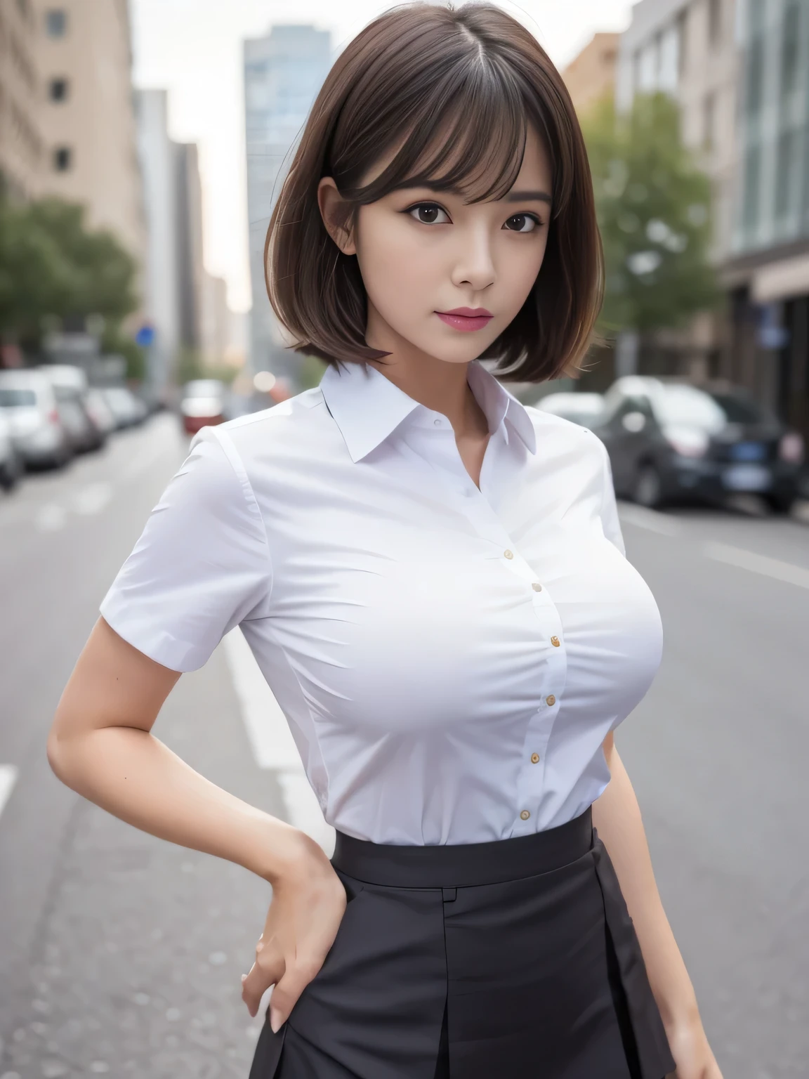 Tight-fitting business shirt, Short sleeves, Tight skirt, (Shirt tucked into skirt:1.3), Tights, Road in front of the company,
4K Quality, (High Resolution:1.3), (Realistic photo:1.3), (Raw photo:1.1), (Extremely detailed photo), Absolute masterpiece,
Staring, (Looking at the viewer), Standing,
(Big breasts:1.2), (Lip make-up), Glossy skin, Bangs, Short wavy bob, Ultra pretty girl