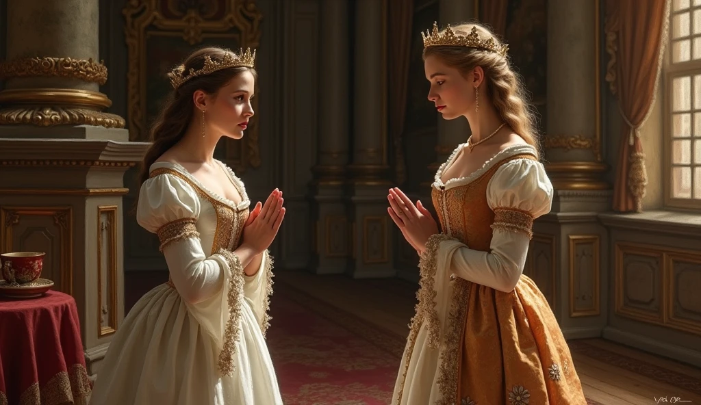 England, 1337. A young ((((20-year-old)) Caris Wooler)), attractive, expressive eyes, in the village fair, chatting with a friend. ((((clothings from the 1300s, gown)))), ((light chestnut hairstyle of the 1300s))