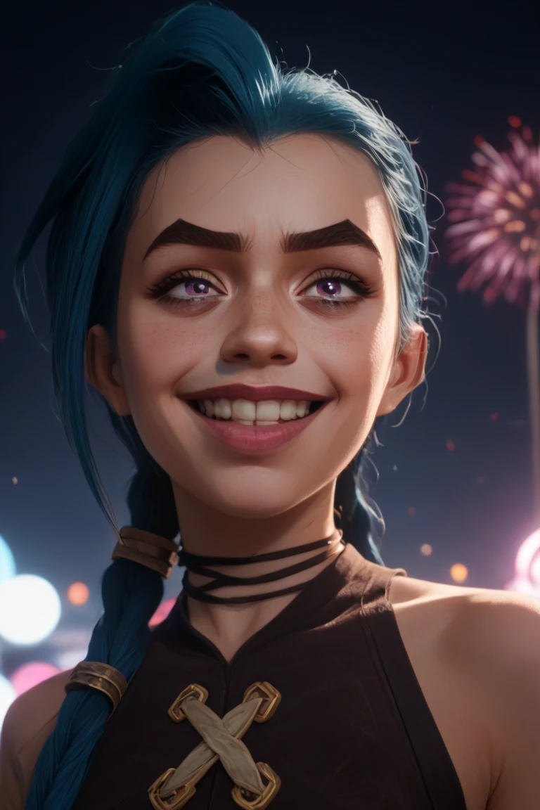 Jinx from Arcane, face image , beautiful girl, crazy face, big smile,  perfect teeth ,  long hair, by the blue, Two long braids,  face illuminated in the shade ,  anatomically correct ,  purple eyes,  Perfect Eyes,  character from League of Legends, Feel anger , bottom view, imagen realista, HD,  High resolution,  masterpiece, necessary,  Anatomically correct ,  Awarded many times ,  The best quality, Detail, Details altos, HD model,  lyrics, quality,  very detailed, Retina,  Textured skin , UHD, Shine,  Photo test model , cinematografía, arte conceptual, Hyperrealism,  photorealistic , Retrato fotográfico, realism, wallpaper style,  Arcane series , flashy colors, neon colors, faithful to the Arcane design of Jinx ,  neon fireworks from the Nikon background, limelight, from above, Shine,  depth of field ,  Lines of Movement , Silhouette,  cinematic lighting,  Ray Tracking , bright light, Luz de reflejo, neon sparks background