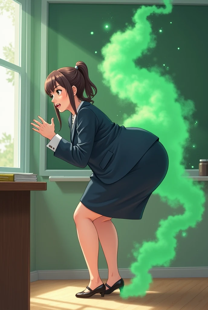 HD, solo, 1female, erica bartholomew, pale skin, office outfit, grey suit, tight grey skirt, wearing glasses, blonde hair, farting, massive fart, yellow smoke rising, relieved face, smiling, blush, viewing ass, alone in office
