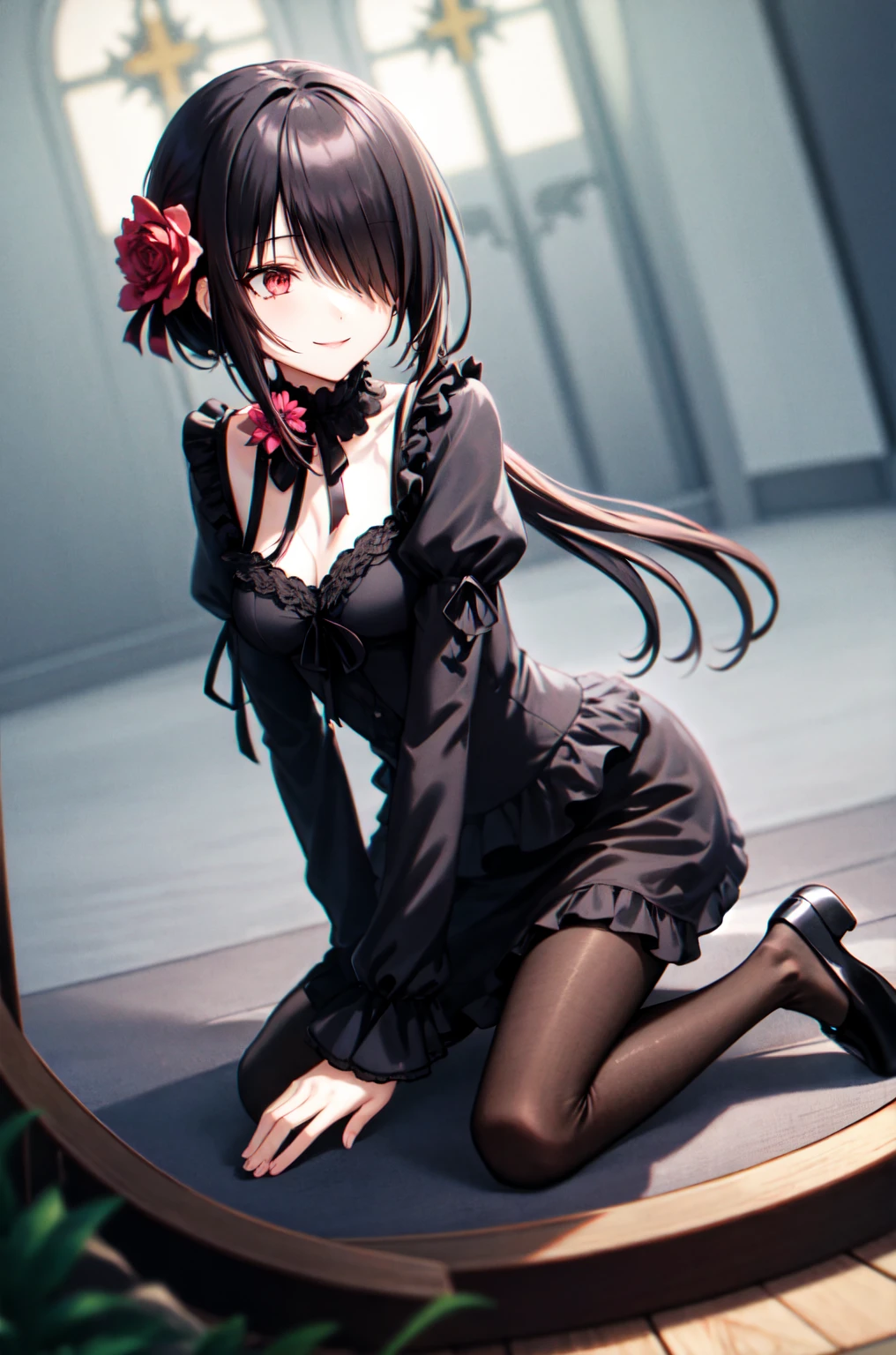 (Detailed and beautiful outlines,white light,soft light,natural light,Caucasian skin:1.3),(upturned eyes,:o,twin tail,black hair,red eyes,over kneehighs,mourning dress,hand between legs,sitting,looking up,day,blue sky,Pale red eyes:1.1),Black Roses,looking at viewer,