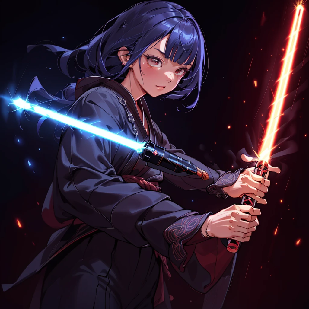 1girl,Handsome face、 perfect anatomy 、((( best composition、 best quality、 masterpiece、 super detailed、 high definition、32K,CG,HHD))),Oiran、(((He holds lightsabers in both hands))),Neon light background 、The moment I'm waving my lightsaber、dynamic、