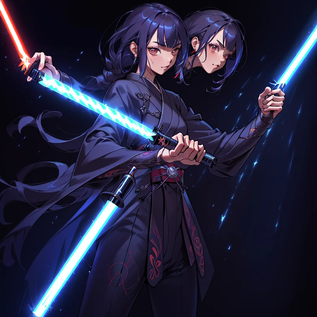 1girl,Handsome face、 perfect anatomy 、((( best composition、 best quality、 masterpiece、 super detailed、 high definition、32K,CG,HHD))),Oiran、(((He holds lightsabers in both hands))),Neon light background 、The moment I'm waving my lightsaber、dynamic、