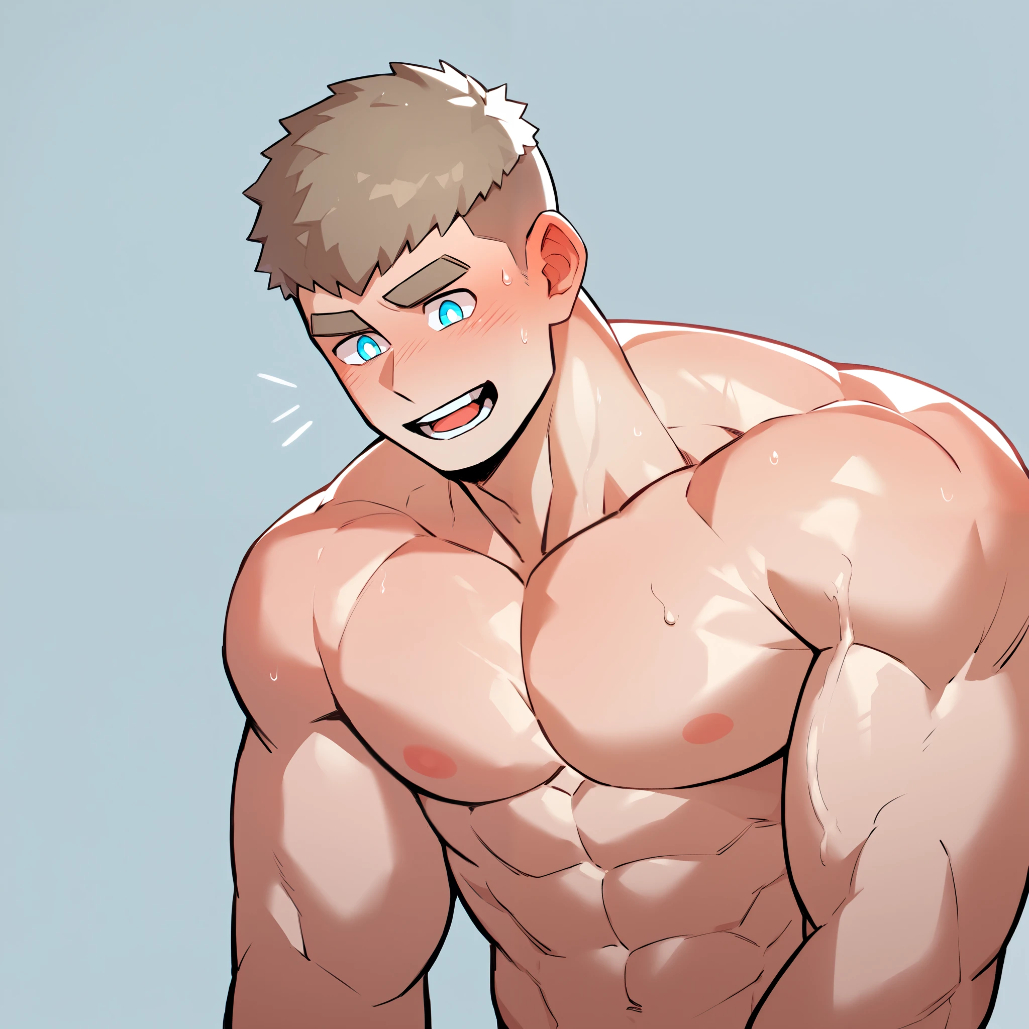 anime characters：Gyee, 1 muscular tough guy, Manliness, male focus, Buzz cut, naked, sweaty, big penis, pink nipples, shirtless, sweaty body, The pectoral muscles are oversized, muscular male, muscular, only, Upper body, alone, light brown short hair, Thick light brown eyebrows, light cyan eyes, Grey background, simple background, amazing quality, best aesthetics, in the shower, cumming hard, cumming up, bright pupils, crew cut, panting, excited, blush, drop shadow, wet body, best quality, masterpiece