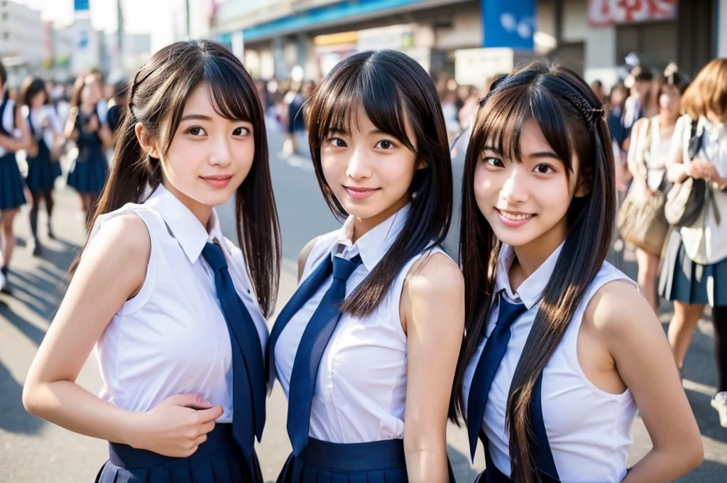 Very detailed Amazingly high quality Very super high quality Surreal photograph Three Japanese Girls Each girl has a different hairstyle randomly Fair skin 16 years old ((Half-open lips:1.3)) Beautiful and soft skin ((Beautifully styled straight short hair)) Beautiful and perfect body surprisingly very cute A beautiful and clear-skinned young man々new skin 16 years old (A high school girl wearing a thin camisole) Big Breasts whole body Everyday City Busy city ((night)) Audience'perspective Front view (Big Breasts:1.3) (Cleavage) (Amazingly cute girl:1.3) (whole bodyポートレート)