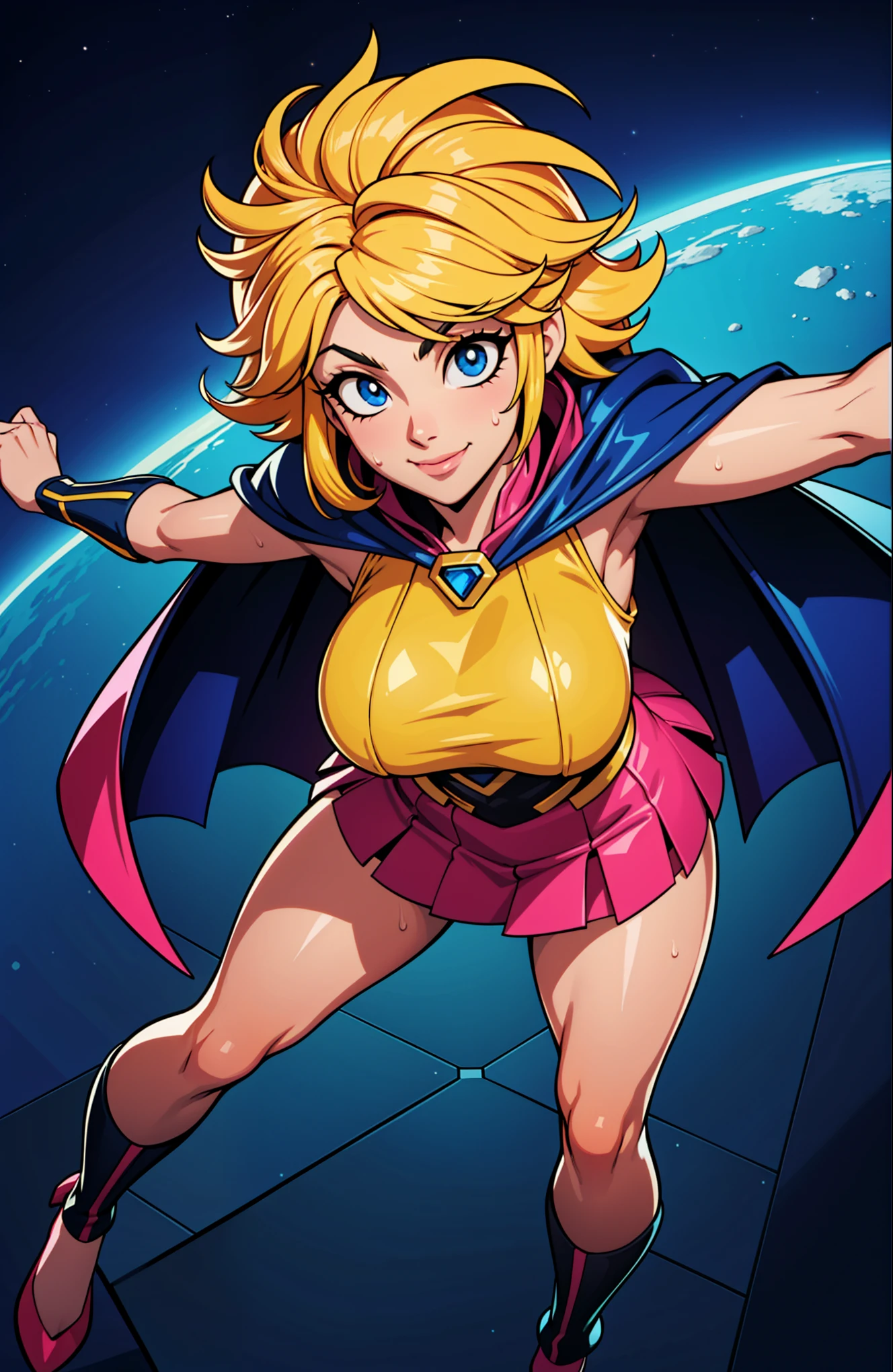 Digital painting of a woman with royal blue and yellow hair, super hero, muscle girl, pose, fist up, ((from above)), 1knee up, Behance Contest Winner, Afrofuturism, Synthwave, neon, glowing neon, sagging massive breasts, mini skirt, cape, sweat, glossy silky skin, smile, in space,