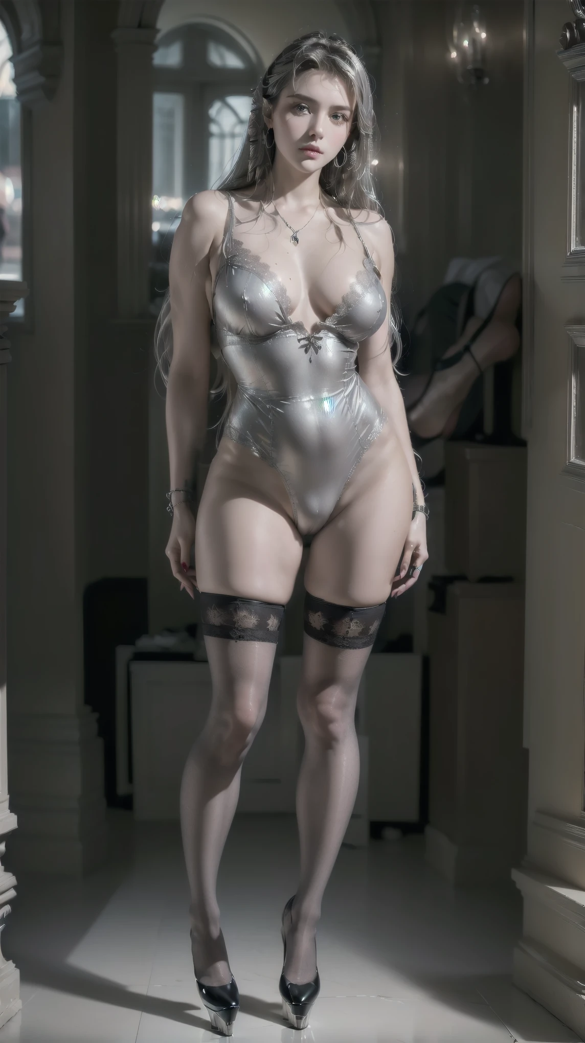 Coelhinha alta e fofa、corpo inteiro、bom estilo、、、、、、、、、、Pernas grossas bronzeadas、、Traje de coelho steampunk rosa（Estilo collant）、、cabelo castanho claro、Rosto limpo、 quarto decorado, Standing  pose，one piece body lingerie, legs, a lot of dark jewelry：1 emma watson）， true masterpiece， best quality， RAW photography， realisticlying， cute face，(long flowing blond hair), Incredibly Ridiculous res， Beautiful beauty， ear studs， (Long silver hair，jewelry, (Black lace-trimmed stockings)，(highheels)，depth of fields， A high resolution， ultra - detailed， filigree， RAWE is very detailed， very detailed eyes and faces， Sharp pupils， realistic pupil， tack sharp focus， cinematic lighting，full bodyesbian，Bigboobs，long legs，Look from the front，inside a dark gothic stone castle，dynamicposes, PERSEPHONE, PERSEPHONE, persefone, (SFW:1.5),  (full body:1.8), (upper body up:0.3), (hyper realistic:1.4), (realistic:1.3), (best quality real texture skin), Detailed eyes, detailed face,[long hair hair]:1.8), (full body:1.8), (upper body up:0.3), (hyper realistic:1.4), (realistic:1.3), (best quality real texture skin), Detailed eyes, detailed face, PERSEPHONE, persephone, (SFW:1.5) Hyperrealistic