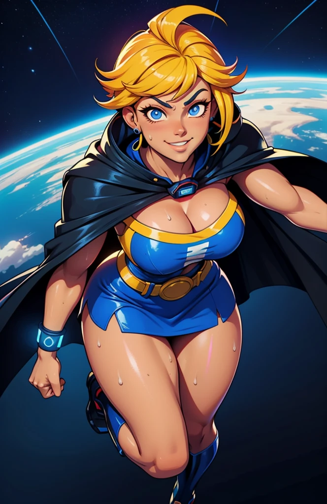 Digital painting of a woman with royal blue and yellow hair, super hero, muscle girl, pose, fist up, ((from above)), 1knee up, Behance Contest Winner, Afrofuturism, Synthwave, neon, glowing neon, sagging massive breasts, mini skirt, cape, sweat, glossy silky skin, smile, in space,