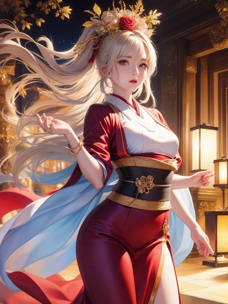 (in a panoramic view,god light,high definition detail),coiffed blonde hair,curtained hair,long whitr hair+pony tails,hair adornments,jewelry,The golden eyes smiled,disdain,Correct anatomy,Ancient Chinese Tang costume,Ancient wind fairy