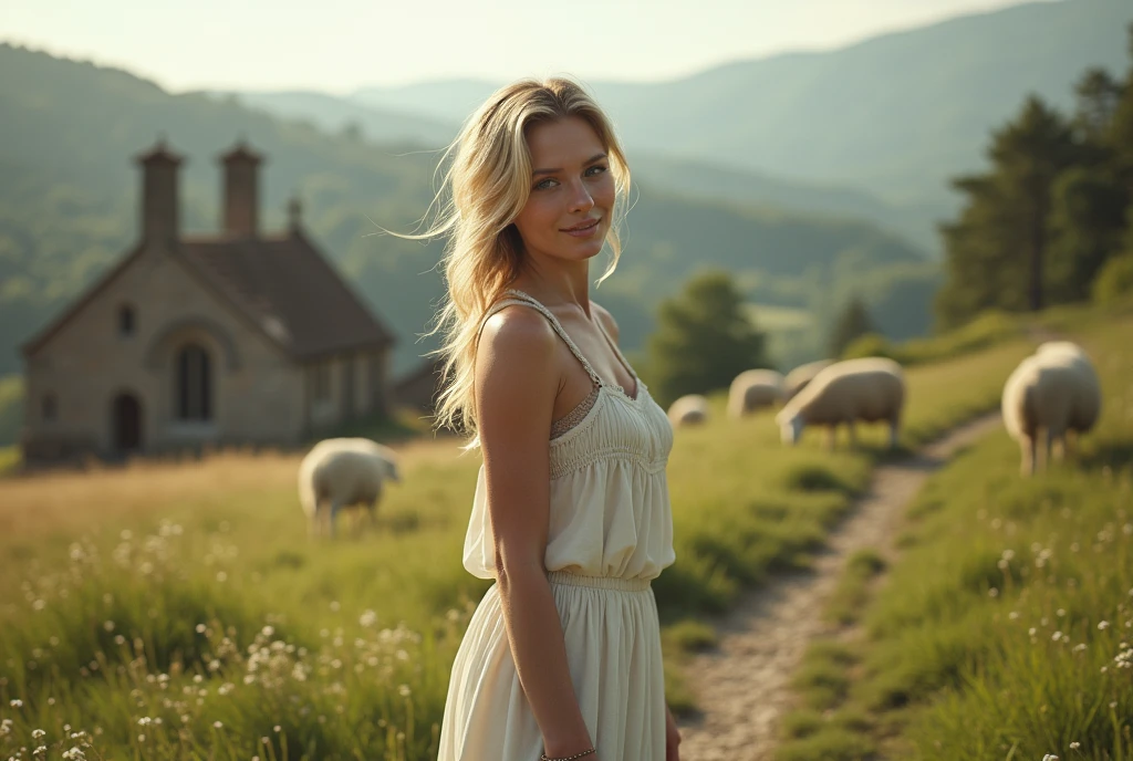 ((masterpiece, highest quality, Highest image quality, High resolution, photorealistic, Raw photo, Extremely detailed CG unified 8k wallpaper)), (huge stunning goddess shot, very hot and sexy, jaw-dropping beauty, perfect proportions, beautiful body, slim body beauty:1.4), Pastoral Idyll, English countryside, sheep and pasture and old churches, young women and old fathers, smiling faces,