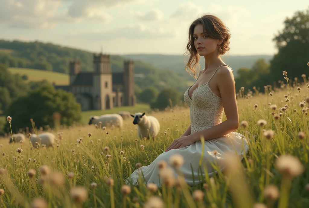 ((masterpiece, highest quality, Highest image quality, High resolution, photorealistic, Raw photo, Extremely detailed CG unified 8k wallpaper)), (huge stunning goddess shot, very hot and sexy, jaw-dropping beauty, perfect proportions, beautiful body, slim body beauty:1.4), Pastoral Idyll, English countryside, sheep and pasture and old churches, young women and old fathers, smiling faces,