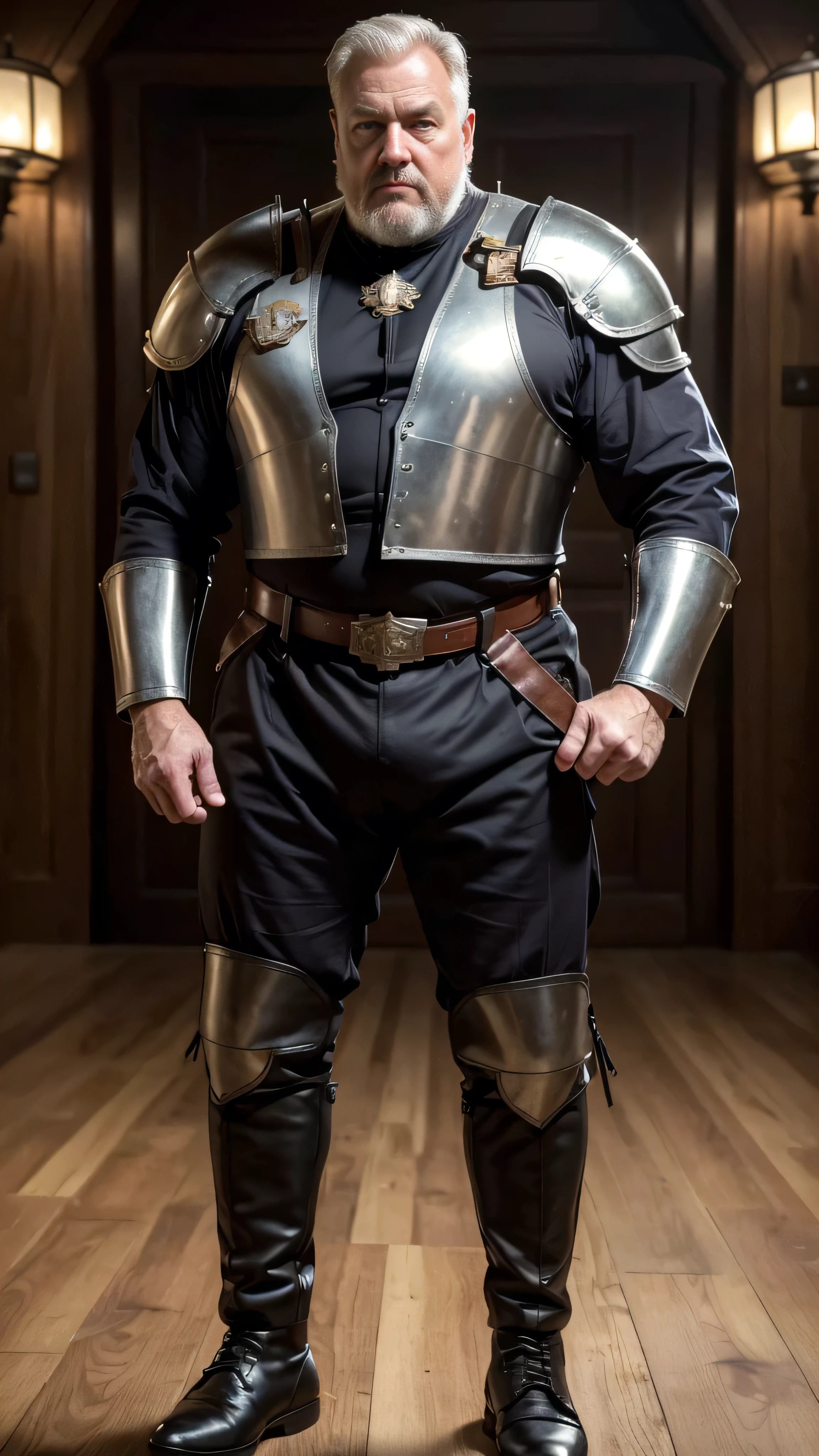 (best quality,4k,8k,highres,masterpiece:1.2), Appearance:age 60, white man empire Battlestar marshal, horny disgusting, muscular chubby, kind, mature daddy, hairy chest hard nipple.Clothing: marshal armor uniform jacket, armor uniform Pants with big hard bulge, belt, boots. at Battlestar Bridge