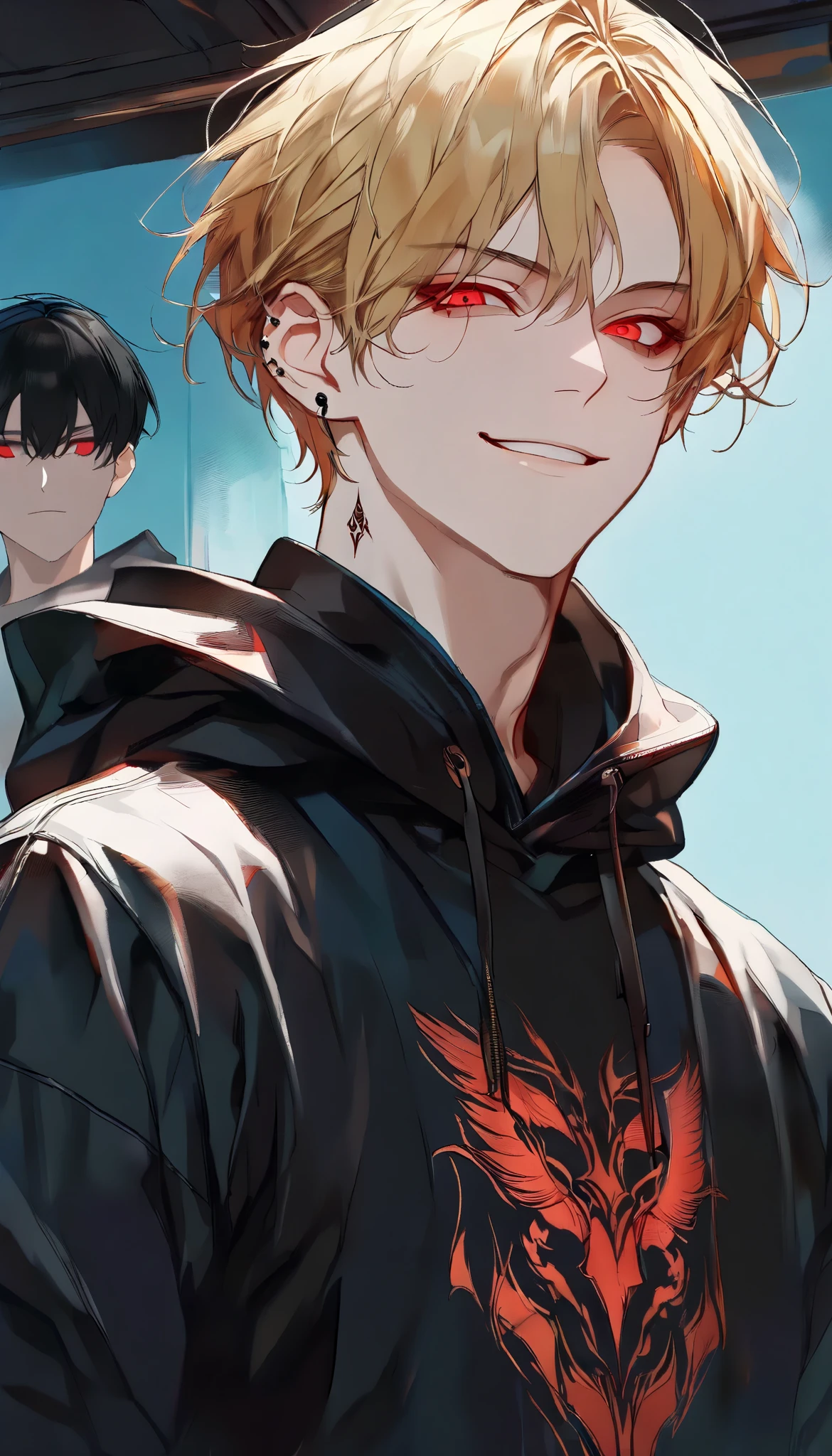 Handsome nerdy male, 1male, Man in black hoodie, short hair, tattoo, nerd, nerd boy, Strong shoulder width, human, simple hairstyle, casual style, A man in his 30s with shy expression, cafe background, (masterpiece:1.21),(bestquality:1.21),8k,high detailed, ultra-detailed, anime semi-realism, image with a third-person view, highly detailed illustration, face through torso, ((solo, alone, smirk, blond hair, red eyes)), physically-based rendering, depth of field,(low saturation:1.3),(1boy;1.4:1.1),a male, Real Skin Texture, White Marble Glowing Skin, model(random_color_clothing:1.45), (random view shot)