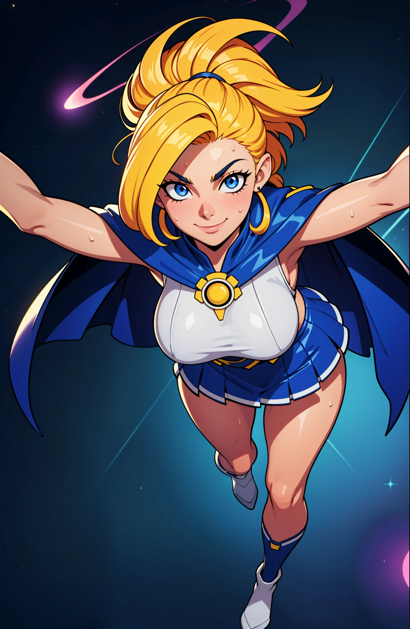 Digital painting of a woman, yellow hair, super hero, muscle girl, (red:1.0) mixed blue mixed white costume (mixed color costume:1.5), pose, fist up, ((from above)), 1knee up, Behance Contest Winner, Afrofuturism, Synthwave, neon, glowing neon, sagging massive breasts, mini skirt, cape, sweat, glossy silky skin, smile, in space,