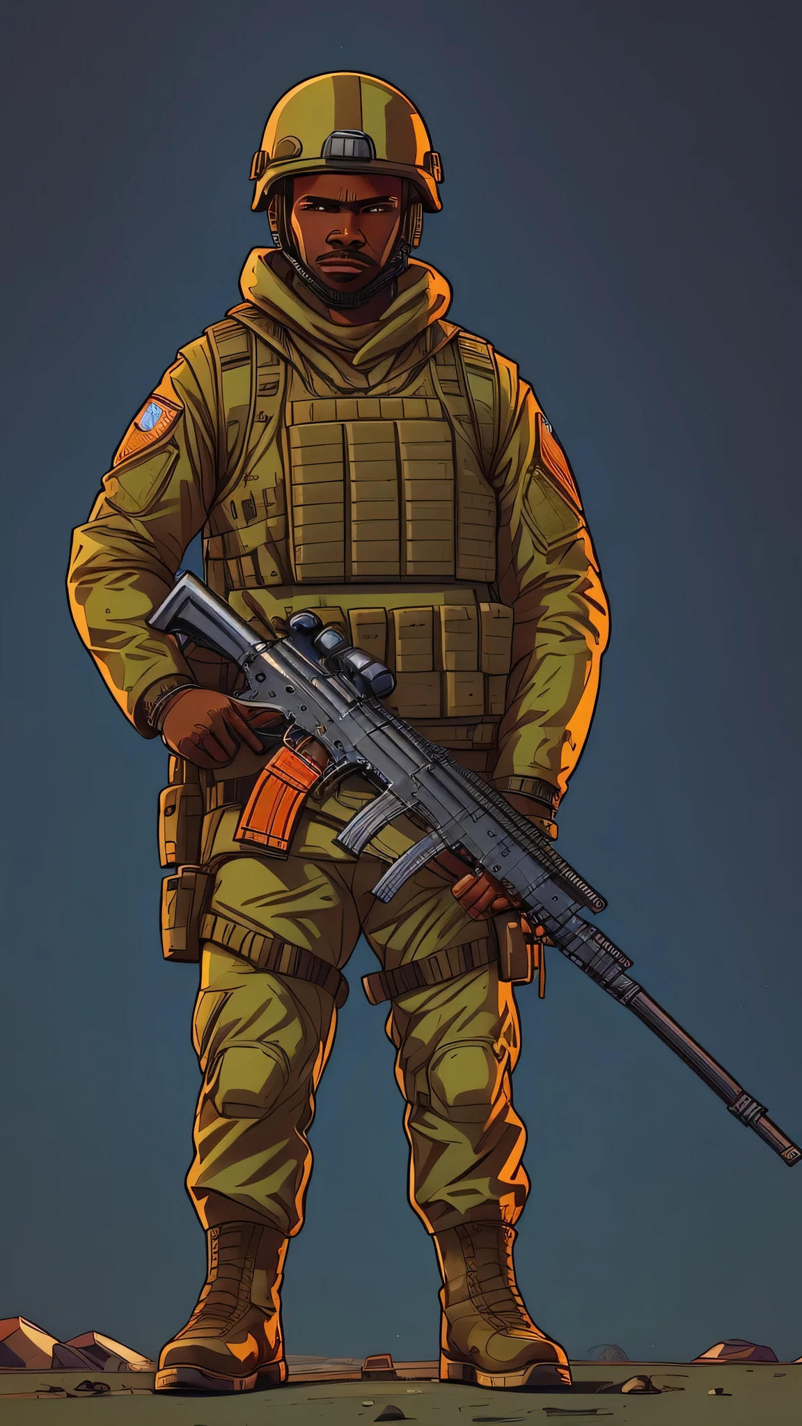 arafed soldier with a rifle and a rifle in his hands, full soldier clothing, soldier outfit, russian army ry soldiers, soldier clothing, clothes in military armor, ready for combat, future soldier clothing, combat gear, russian national guard, military gear, realistic military gear, full uniform, wearing tactical gear, soldier, camouflaged gear, man is carrying a rifleGTA-style artwork ,(young people:1.5)Illustration, digital art, (GTA style:1.5),Art style of GTA, Art GTA bright colors, (cartoon style:1.2),(hyperdetail:1.15), glamorous style, best quality, holistic, high detail, serious,against a large metropolis, ((neon lighting)), ((Cyberpunk)),soft light,satirical,exaggerated,pop artstyle,vibrant colors,iconic characters,action-packed,((The background is an orange red city:1)),sun, coconut trees