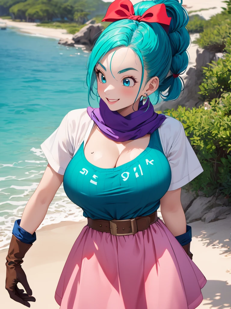 perfect anatomy, super detailed skin, (bulma, 1girl, Alone, blue eyes, blue hair, aqua hair, single braid, braided ponytail, hair ribbon, red ribbon, hair bow, earrings,:1.5), masterpiece、 best quality、masterpiece,  high definition , 8K quality,  perfect face, 1 girl, beautiful face, beautiful detailed eyes, Alone,  beautiful face、confident smile, Glossy lips, red cheek, huge breasts,  cleavage, Wide hips、 Tight waist 、confident smile, (short dress, pink dress, vertical-striped dress, short sleeves, belt, clothes writing, brown gloves, single glove, purple scarf, panties), thigh, Model Pose, cowboy shot, Private beach, white sand, natural sunlight,  covered nipples, 