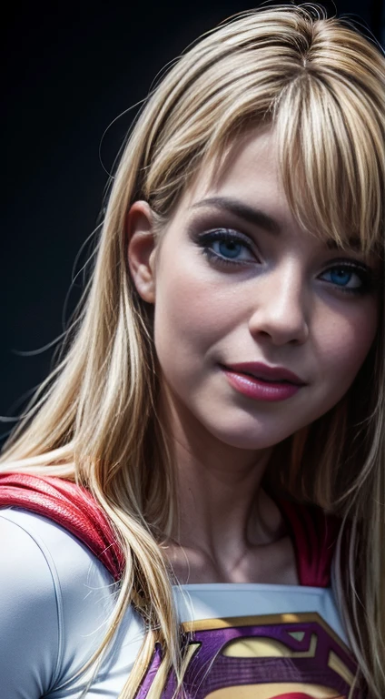 Hyperrealist portrait of a 19 years old supergirl by david hockney and alphonse mucha,fantasy art, photo realistic, dynamic lighting, artstation, poster, volumetric lighting, very detailed face, 8 k, award winning photo,1girl, in the dark, full body, low key, cowgirl shot, (official clothing:1.2) , long hair, blond-white hair, blue eyes