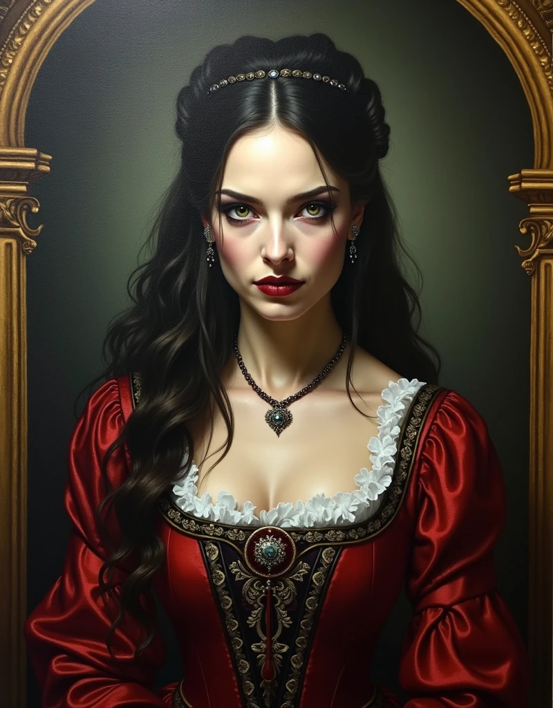 (best quality,8k,masterpiece,gore:1.2), medieval,ultra-detailed,oil painting,hyper realistic,expressive brushstrokes,female queen with large bust kneeling, looks like Salma Hayek, bloody barbarian man slits her throat with knife from behind her, bleeding, bloodied neck, dramatic lighting,chiaroscuro,dark moody atmosphere,gritty,gore,cinematic, (bloody throat slit:1.3), bloodstained breasts