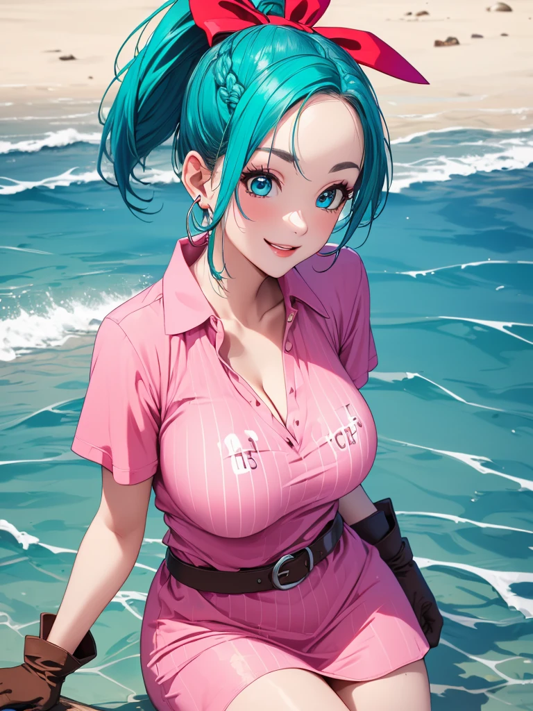 perfect anatomy, super detailed skin, (bulma, blue eyes, blue hair, aqua hair, single braid, braided ponytail, red ribbon, hair bow, earrings,:1.2), masterpiece、 best quality、masterpiece,  high definition , 8K quality,  perfect face, 1 girl, beautiful face, beautiful detailed eyes, Alone,  beautiful face、confident smile, Glossy lips, red cheek, huge breasts,  cleavage, Wide hips、 Tight waist 、confident smile, (short dress, pink dress, vertical-striped dress, short sleeves, belt, clothes writing, brown gloves, single glove, panties), thigh, Model Pose, cowboy shot, Private beach, white sand, natural sunlight,  covered nipples, 