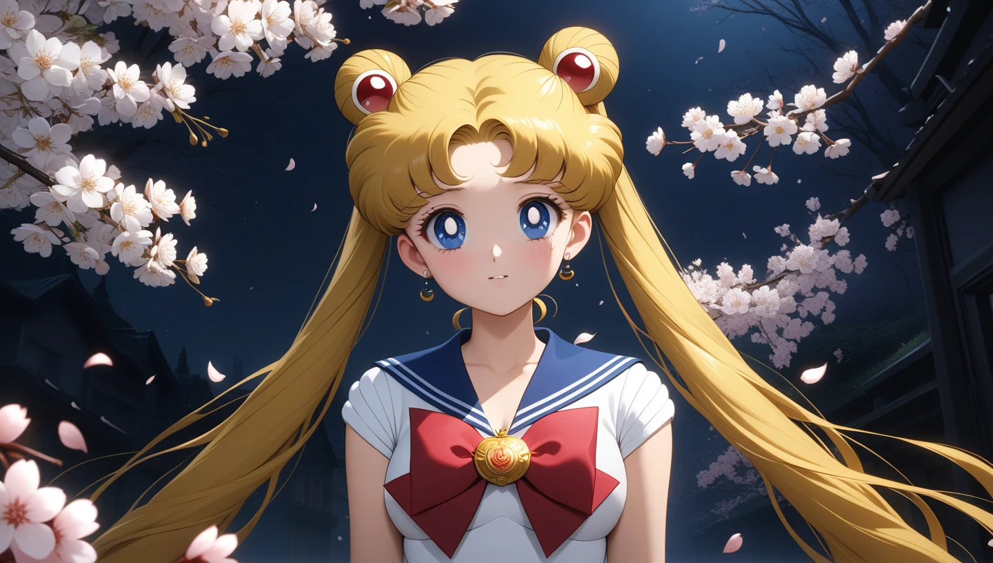 (masterpiece, best quality, very aesthetic , ultra detailed), intriguing details , 4K, center view, aausagi, long hair, double bun, twintails, blue sailor collar, red bow, white shirt, sera fuku, small breast, 1girl, birthday, white cherry blossoms, detailed background, intricate details, black night, Depicts the whole body