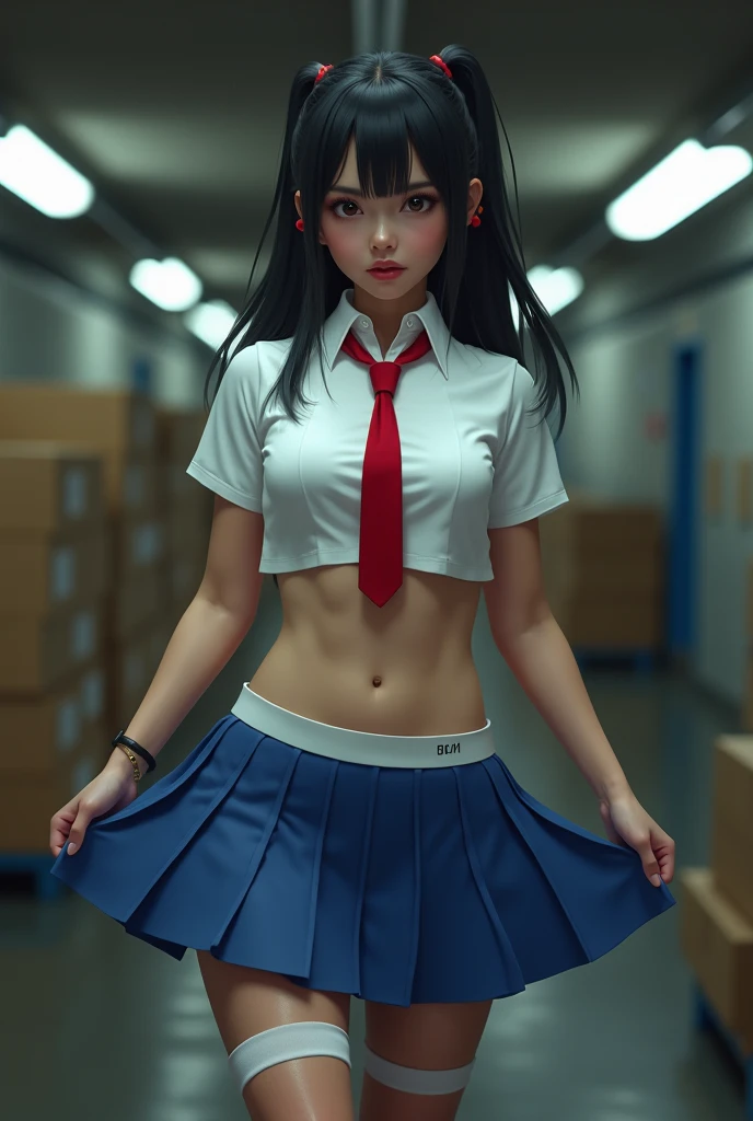 A Japanese belly dancer girl dances by raising both hands above her head while tilting her hips., wearing a red school uniform and ribbon and red thigh-length jeans, his entire body facing the camera and his deep, dark navel, sighing facial expression, wearing glasses, real human photos